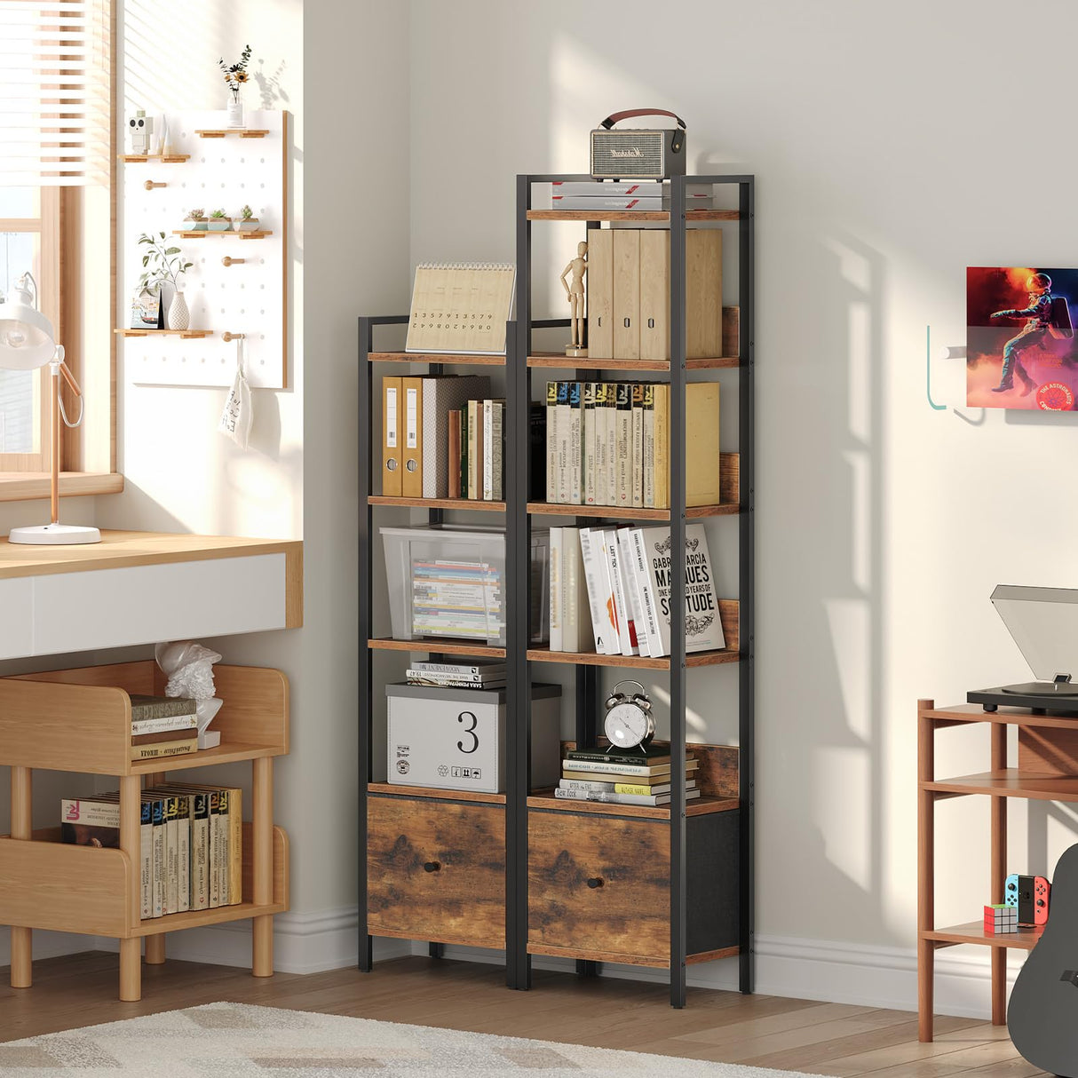 MAHANCRIS Bookshelf, 5-Tier Bookcase with Drawer, Small Book Shelf for Small Space, Storage Shelf Organizer, for Living Room, Bedroom, Study, Kitchen, Rustic Brown and Black BKHR55101 MAHANCRIS