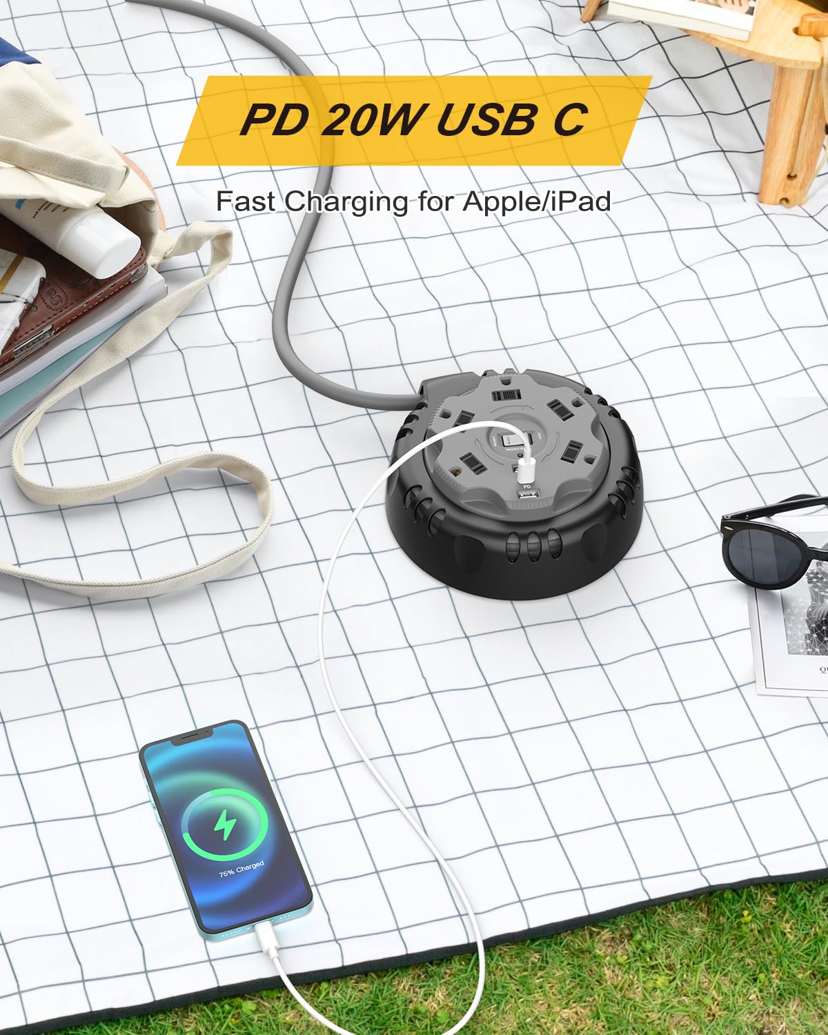 Retractable Power Strip Extension Cord Reel with USB C PD 20W, Flat Plug Travel Power Strip Surge Protection with 5 AC 3 USB Ports, 10FT Travel Extension Cord Portable Outlet, Black Grey Kungfuking