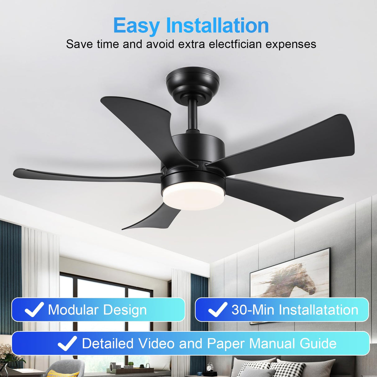 42 inch Ceiling Fans with Lights, Modern Black Ceiling Fan with Remote Control App, DC Motor Quiet, 3CCT Dimmable Memory, Led Sloped Flat Ceiling Fan with Light for Bedroom Indoor&Outdoor Patio BayDay