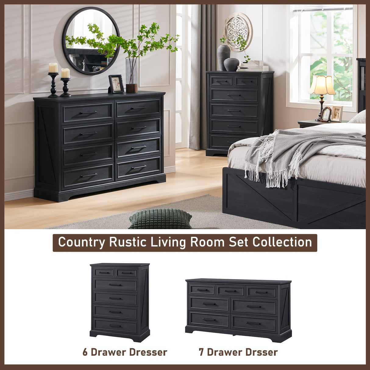 ACCOHOHO 7 Drawer Dresser, 52" Farmhouse Chest of Drawers for Bedroom, Wide Dresser TV Stand with Large Metal Handle, Modern Wood Drawer Organizer for Living Room, Hallway, Closet - Black ACCOHOHO