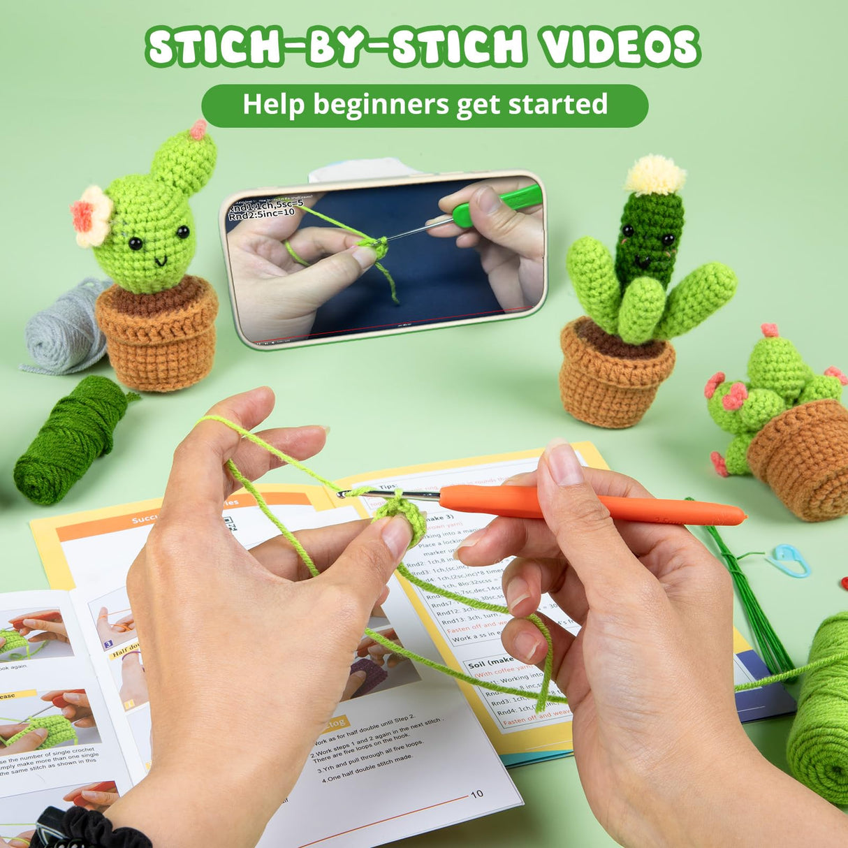HTVRONT Crochet Kit for Beginners - Complete Crochet Kits with Stitch by Stitch Video Tutorial, Beginner Crochet Kit for Adults Kids Gift - Starter Easy Learn to Crochet Succulent Plants Family HTVRONT