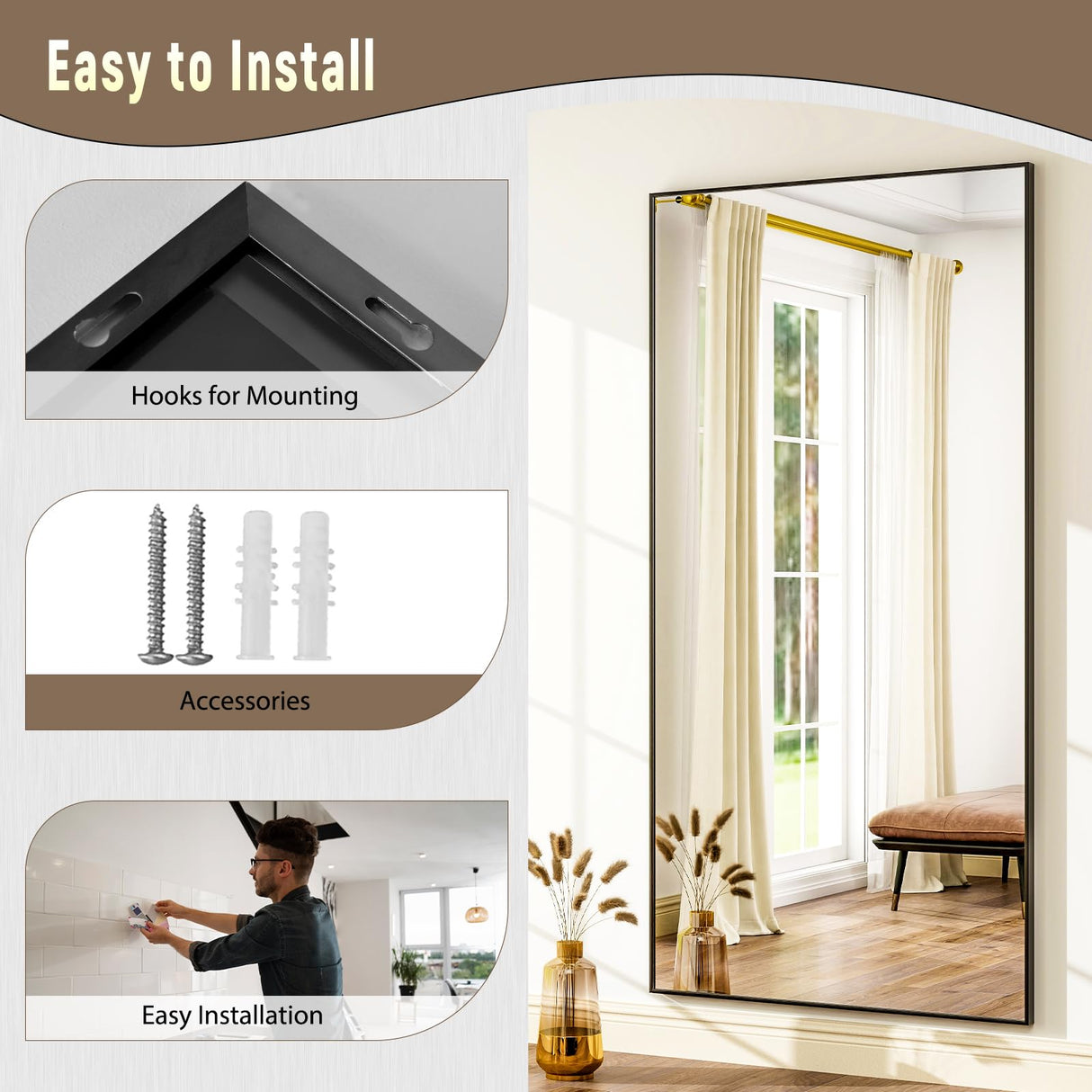 GLSLAND 76"x34" Full Length Mirror Extra Large Hanging or Leaning Rectangle Mirror Aluminum Alloy Thin Frame Bedroom Floor Dressing,Black GLSLAND