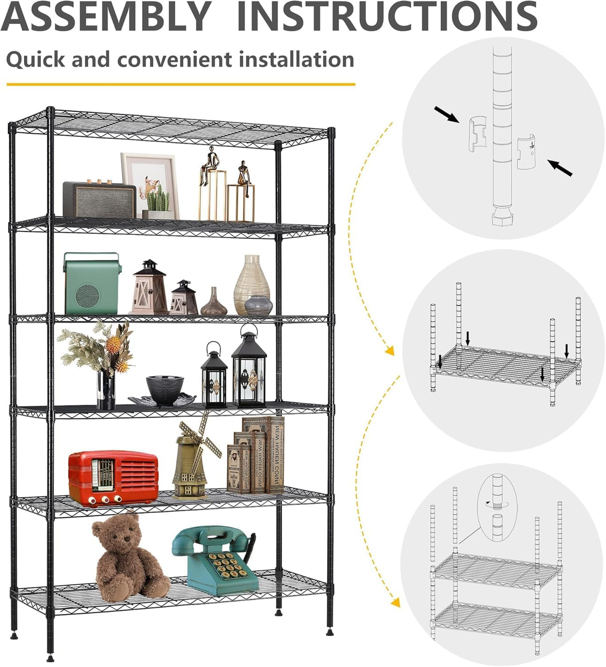 6-Tier Storage Shelves Wire Shelving Units Heavy Duty Metal Shelves Tall Steel Shelving Units Adjustable 1500lbs Capacity Rolling Shelf Racks for Restaurant Garage Pantry Kitchen, Black Generic