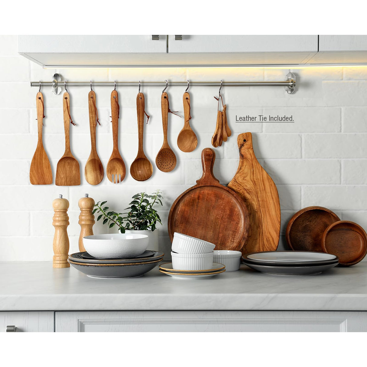 Wooden Spoons for Cooking, 13pcs Acacia Wooden Cooking Utensils Set Includes Wooden Spoon, Spatula, Soup Ladle, Measuring Spoons for Kitchen Use, Nonstick Natural Healthy Kitchen Cookware Gift Esie Houzie