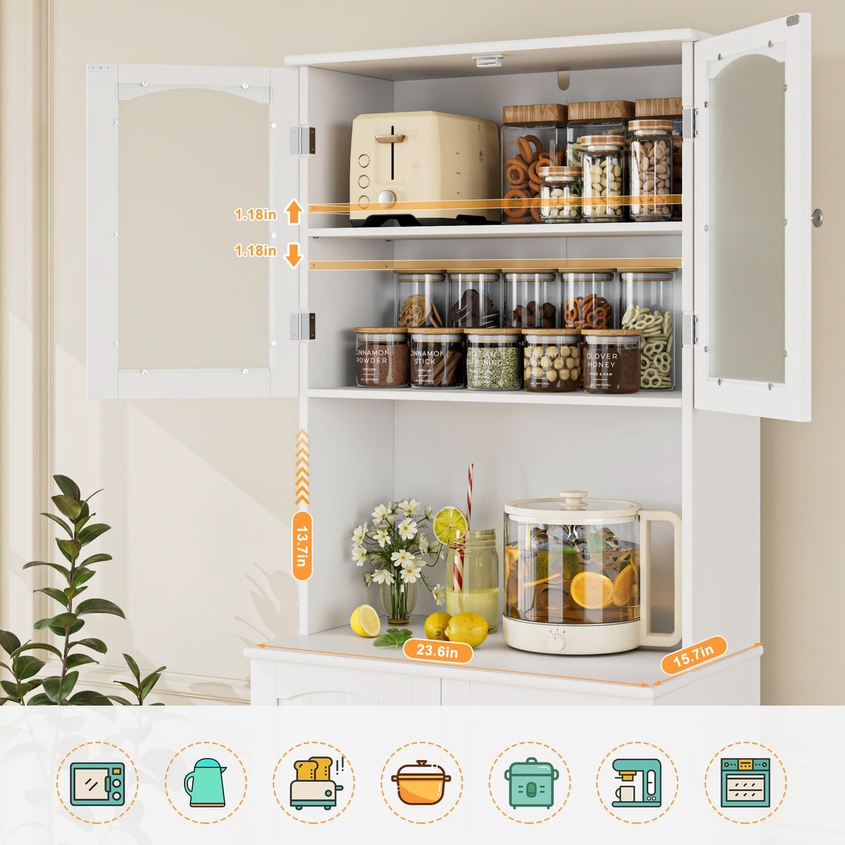 HOSTACK 71'' Pantry Cabinet, Tall Storage Cabinet with Microwave Stand, Freestanding Kitchen Hutch with Doors and Adjustable Shelves, Mordern Food HOSTACK