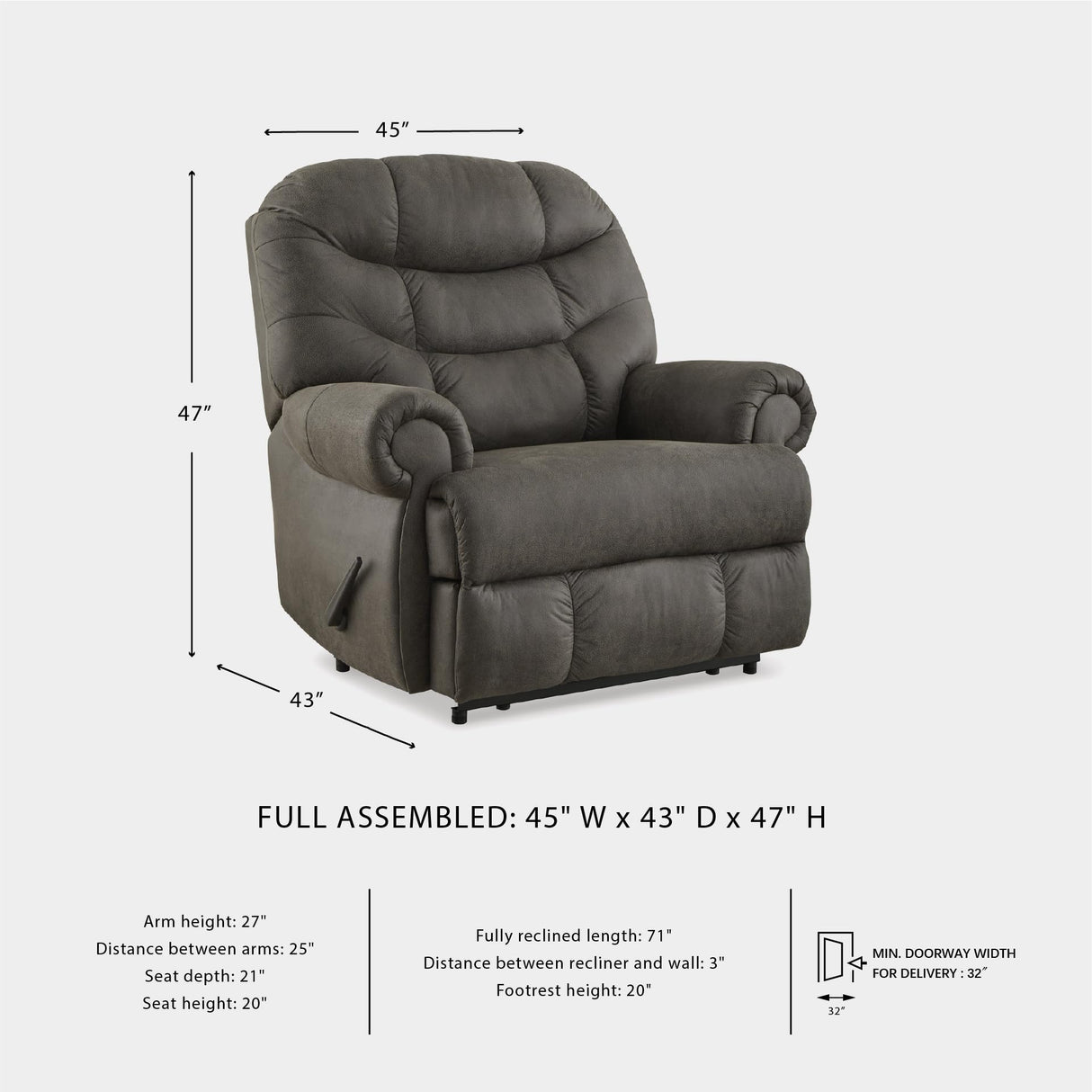 Signature Design by Ashley Camera Time Classic Tufted Faux Leather Zero Wall Recliner, Gray Signature Design by Ashley