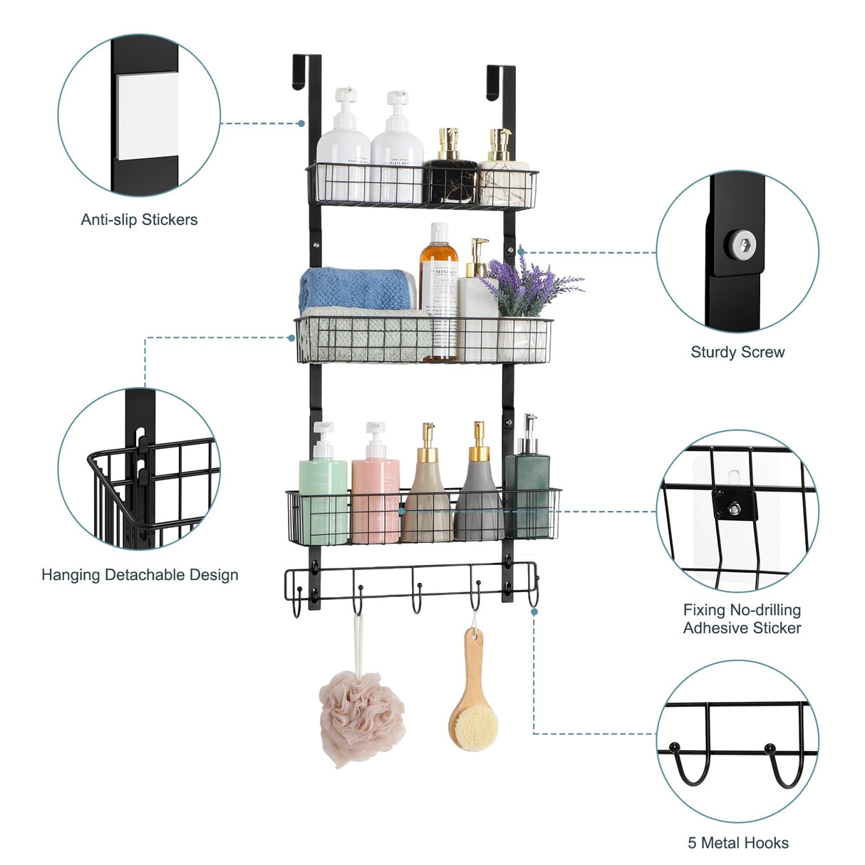 Over the Door Pantry Organizer 3 Tier Hanging Basket Back Door Storage Rack Shelf Metal Over the Door Shelves with 3 Baskets and 5 Hooks for Bathroom Kitchen Pantry Bedroom, Black ETELI