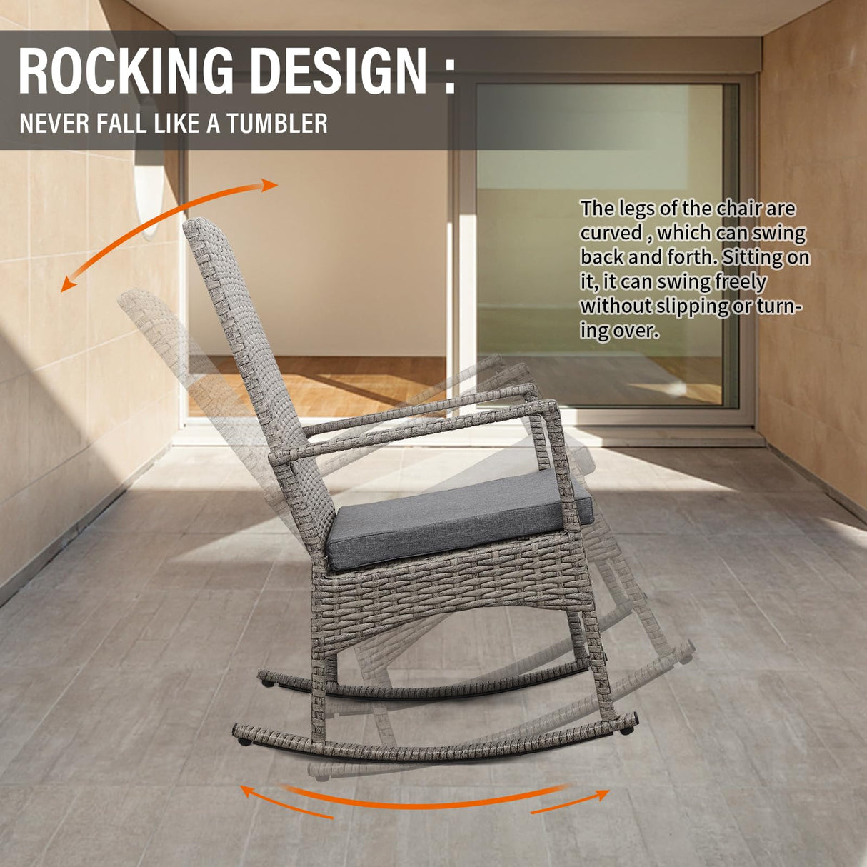 Valita 3 Piece Patio Rocking Chair Outdoor Rattan Bistro Set with Glass Top Table Conversation Set with Grey PE Wicker, Gray Cushion Valita