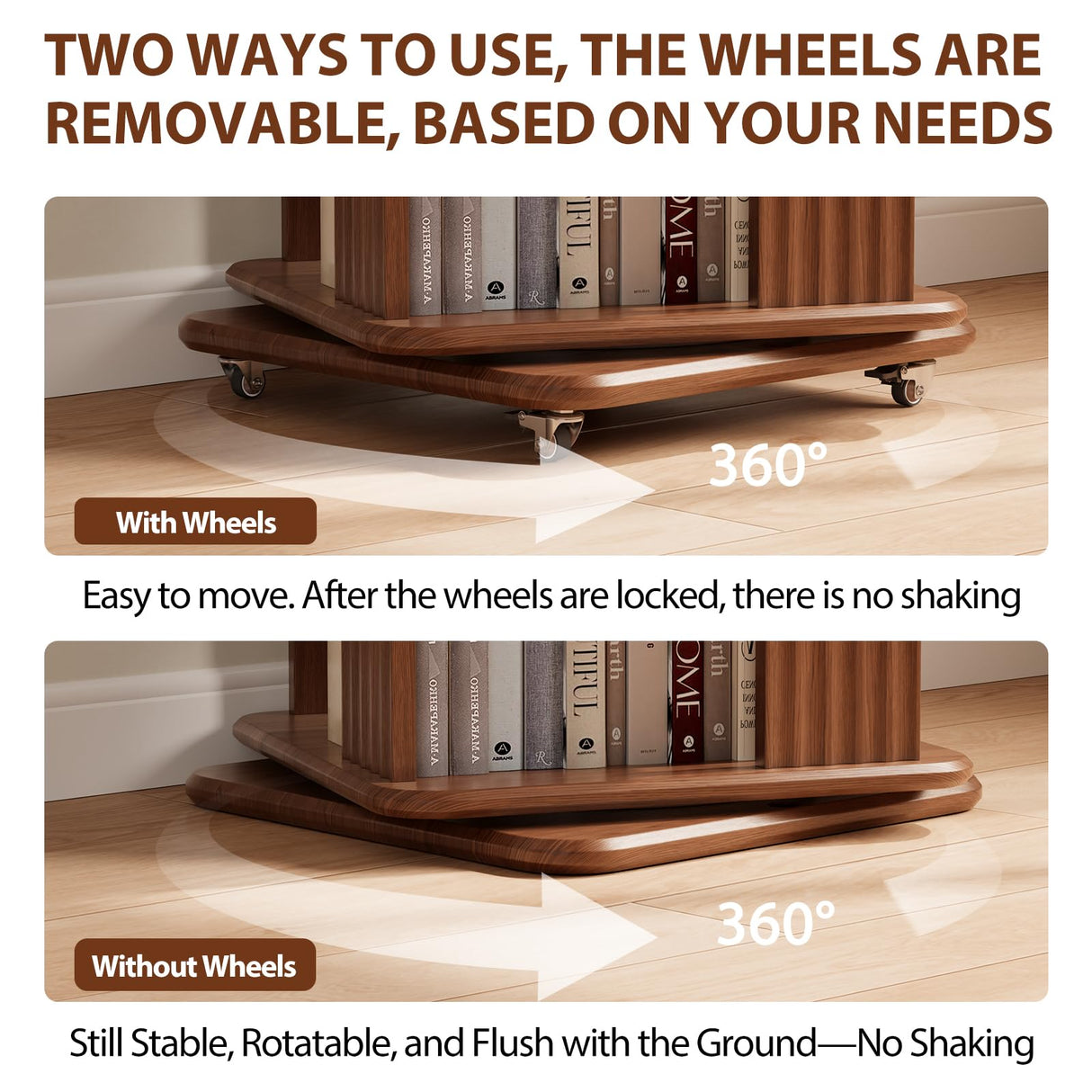 DONGMUWUJEE Solid Wood Rotating Bookshelf, 6-Tier Rolling Book Shelf,360 Degree Revolving Bookcase,Spinning Bookshelf Tower for Small Spaces, Corner, Bedroom,Office,Living Room,Classroom (Walnut) DONGMUWUJEE