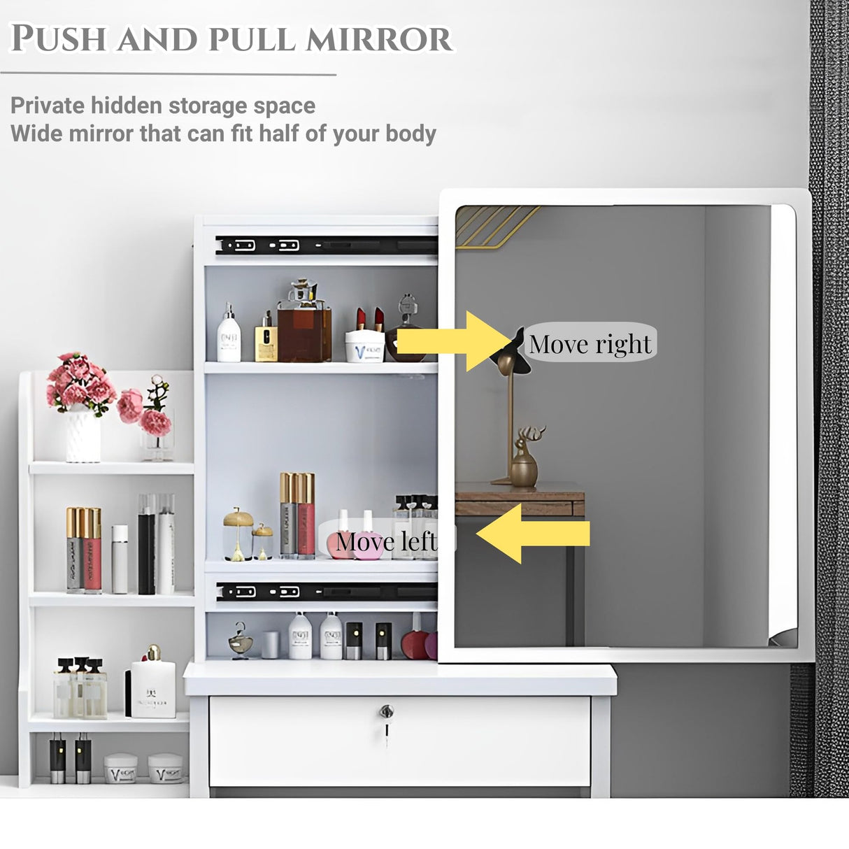 Makeup Vanity Desk with Mirror and Lights, White Vanity Table Set with 4 Drawers & Sliding Mirror & Storage Shelves, 3 Lighting Modes Brightness Adjustable, Vanity Dressing Table and Stool Montary