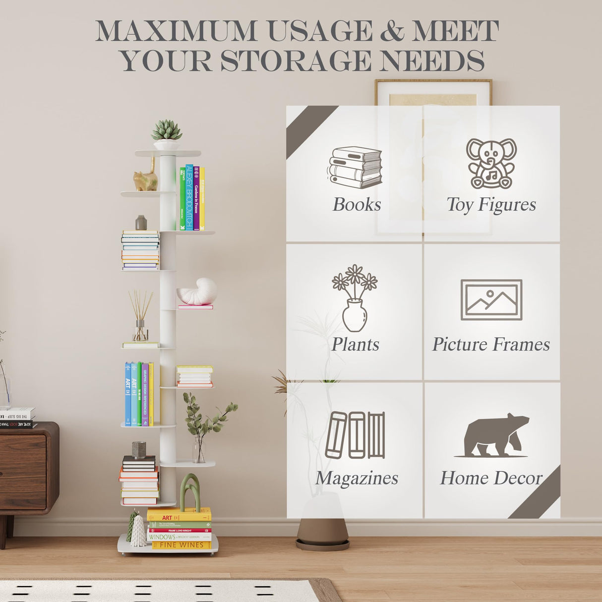 Suchtale Spine Bookshelf, Vertical Spine Book Tower, 11-Tier Metal Bookcase, Book Organizers, Book Shelves for Study, Display Book Shelf Storage Rack for Living Room, DIY Book Case for Decor, White Suchtale