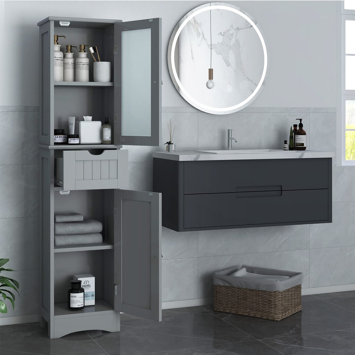 Tangkula 67" Tall Bathroom Storage Cabinet, Slim Freestanding Tower w/ 2 Doors & 1 Drawer, Narrow Floor Cabinet w/Adjustable Shelves & Tempered Glass Door for Bathroom Living Room (Grey) Tangkula