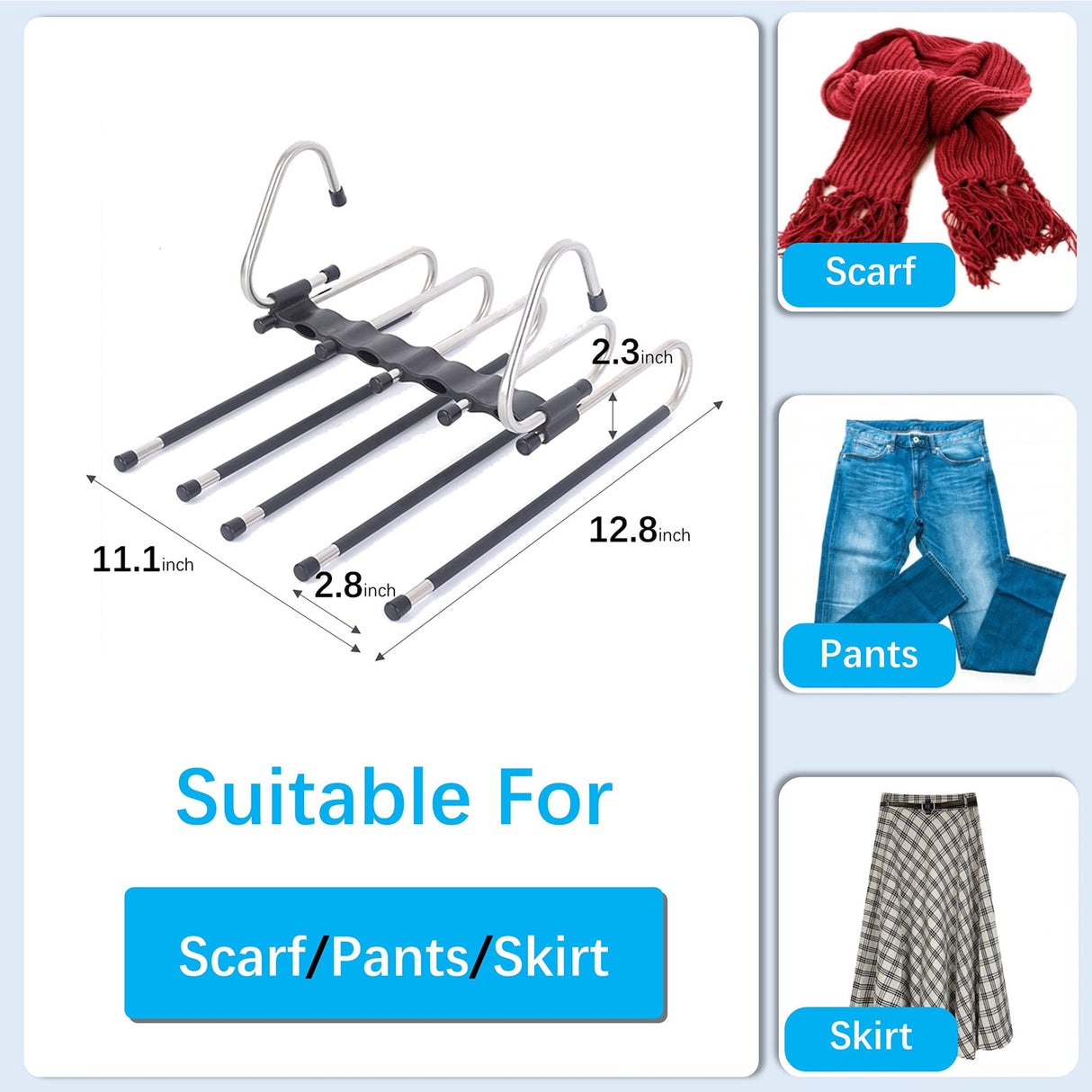 Magic Pants Hangers Space Saving - 2 Pack for Closet Multiple Layers Multifunctional Uses Rack Organizer for Trousers Scarves Slack (2 Pack with 10 Metal Clips) FeeraHozer