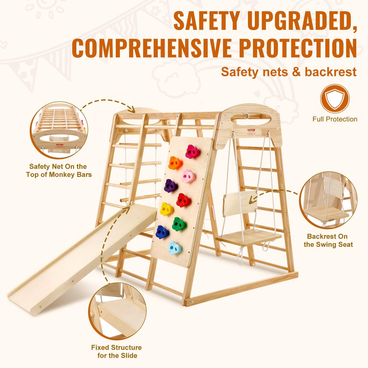 VEVOR Large Size Indoor Jungle Gym, 7-in-1 Toddler Indoor Playground, Wooden Toddler Climbing Toys with Wood & Rope Ladder, Net Ladder, Swing, Monkey Bar, Slide, Climbing Wall, 47.2 x 58 x 56in VEVOR