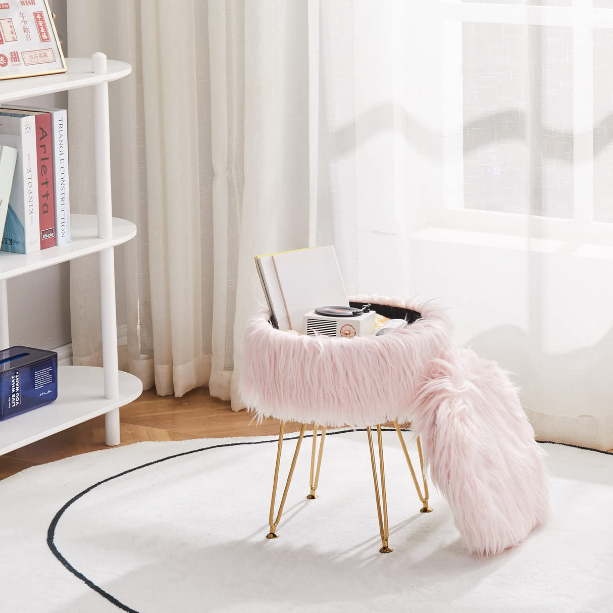 Mxfurhawa Faux Fur Storage Ottoman Round Furry Vanity Stool Marble Grain Tray Coffee Table Compact Footrest Stool with 4 Metal Legs Soft Makeup Seat Foot Stools for Living Room Bedroom Entryway Pink Mxfurhawa