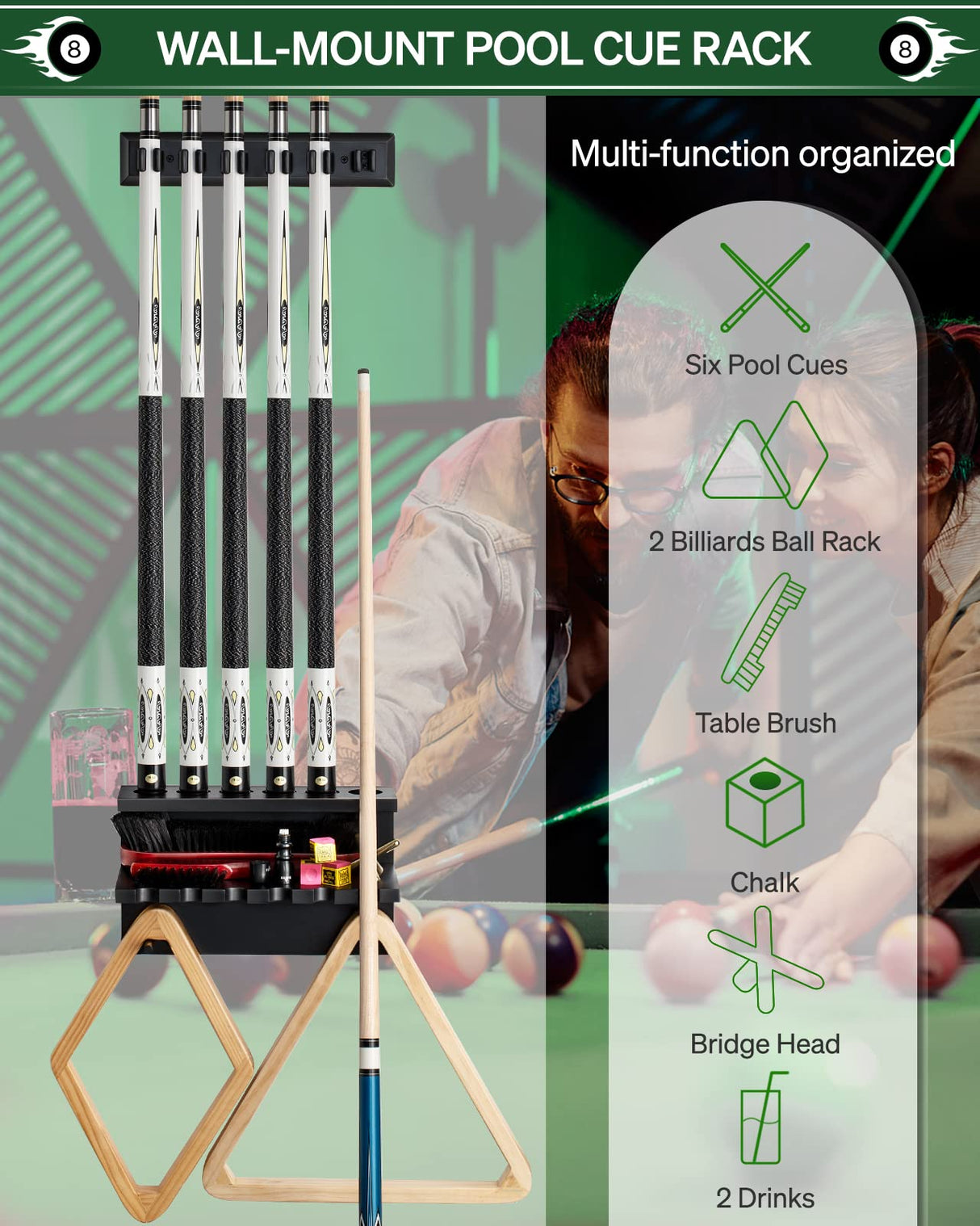 EXTCCT Wall Mount Pool Stick Holder - Billiards Pool Cue Rack Hardwood Pool Cue Set Holder for 6 Cues Sticks Storage Pool Table Accessories Equipment Organizer EXTCCT