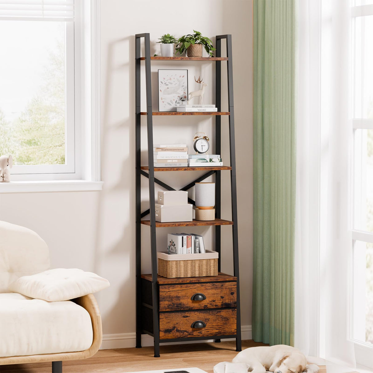 Furologee 5-Tier Ladder Shelf with 2 Drawers,Narrow Bookshelf Storage Shelves,Industrial Bookcase Freestanding Shelf Units for Bedroom,Living Room,Bathroom,Home Office,Balcony,Wood Metal,Rustic Brown Furologee