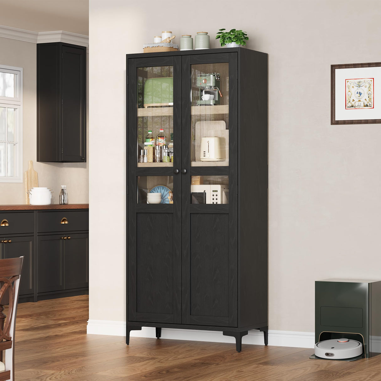 Garveehome Tall Storage Cabinet with Glass Doors, Kitchen Pantry 5 Tier Bathroom Cabinet with 2 Doors Adjustable Shelves for Kitchen, Dining Room, Bathroom (Black, 2 Door with Glass) Garveehome