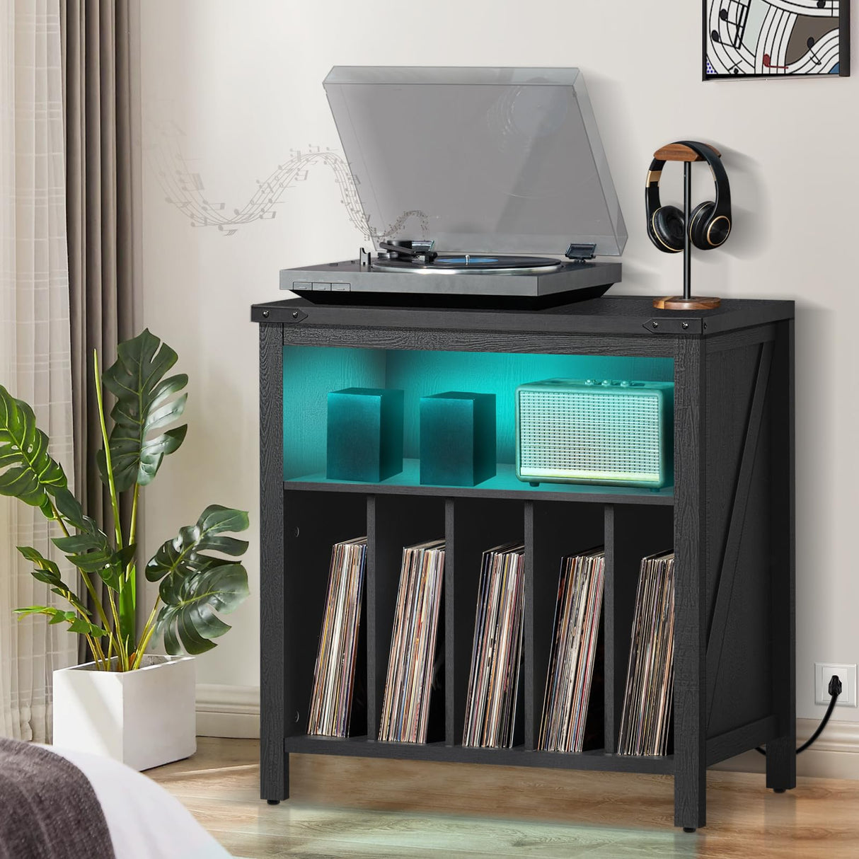 Large Record Player Stand with Charging Station & LED Lights, Black Vinyl Record Storage Holder Holds up to 230 Albums, Turntable Stand with Display Shelf for Music Room Bedroom Living Room. Joaxswe