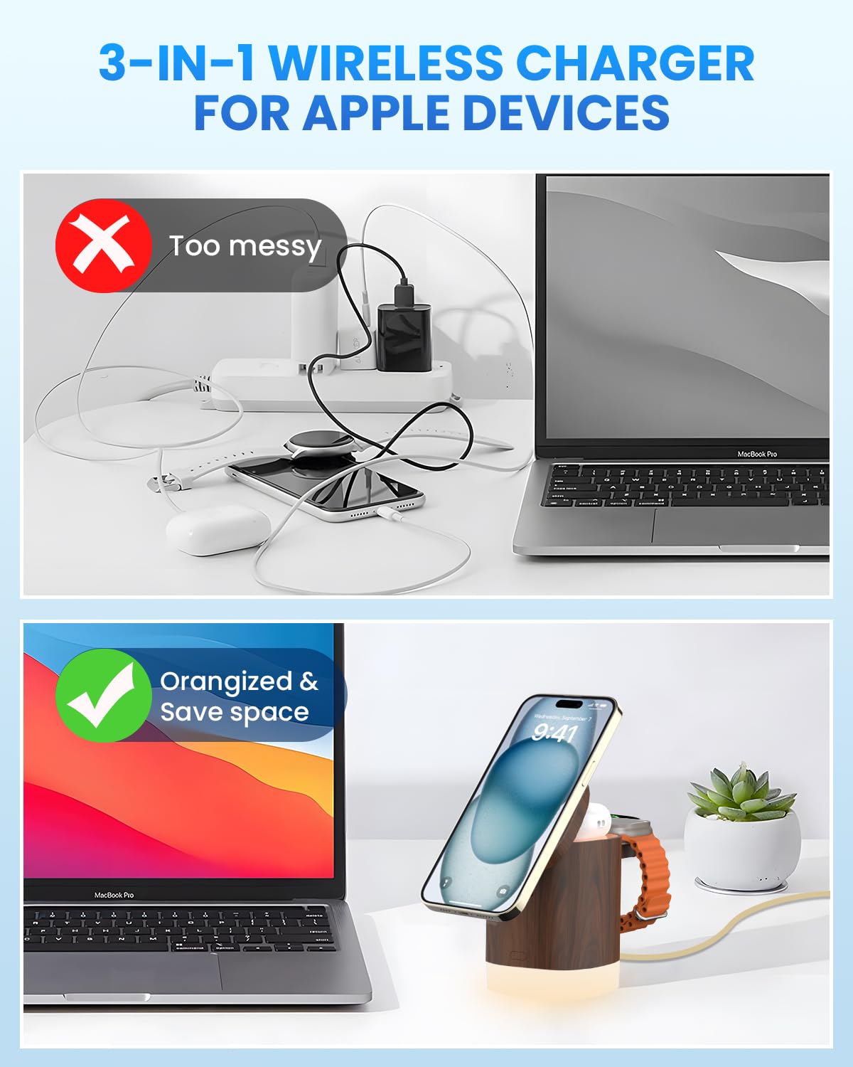 JoyGeek 3-in-1 Charger Stand for Magsafe: Foldable Wireless Charging Station with Night Lights - Magnetic Charger Dock for iPhone 15/14/13/12 Pro/Max/Plus, AirPods, Apple Watch 2-9/Ultra (Burly Wood) JoyGeek