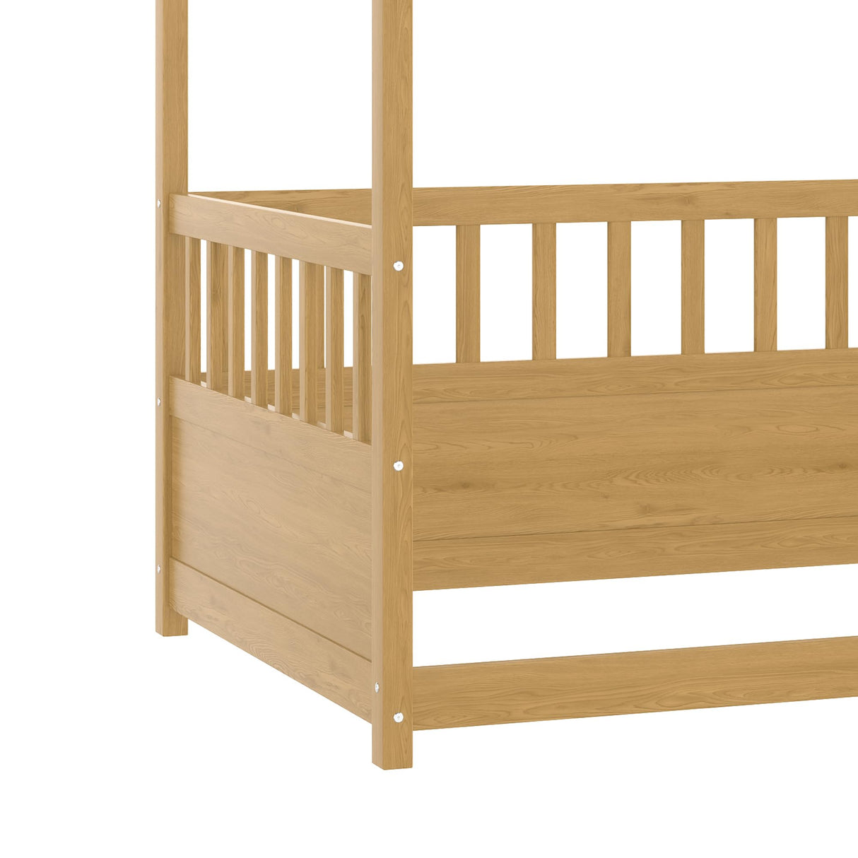 Twin Size Canopy Bed Frame with 4 Posters and Guardrails, Twin Size Montessori Floor Bed with High Fence, Natural Bellemave