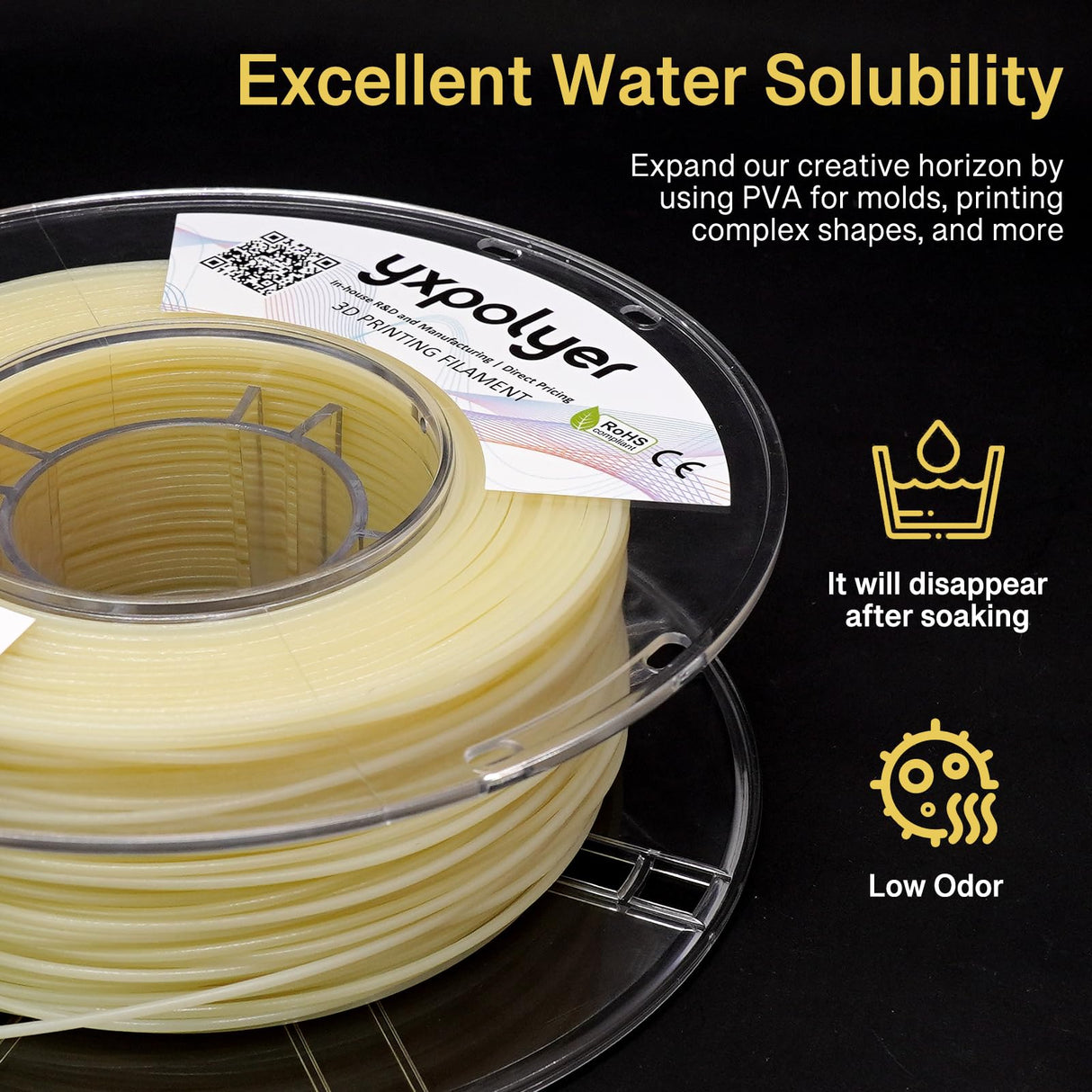 YXPOLYER PVA Filament Quick Water Soluable Dissolvable Support Material 1.75mm 1kg for 3D Printing Filament PLA TPU PETG ABS Nylon, AMS-Compatible Polyvinyl Alcohol Nature Color yxpolyer