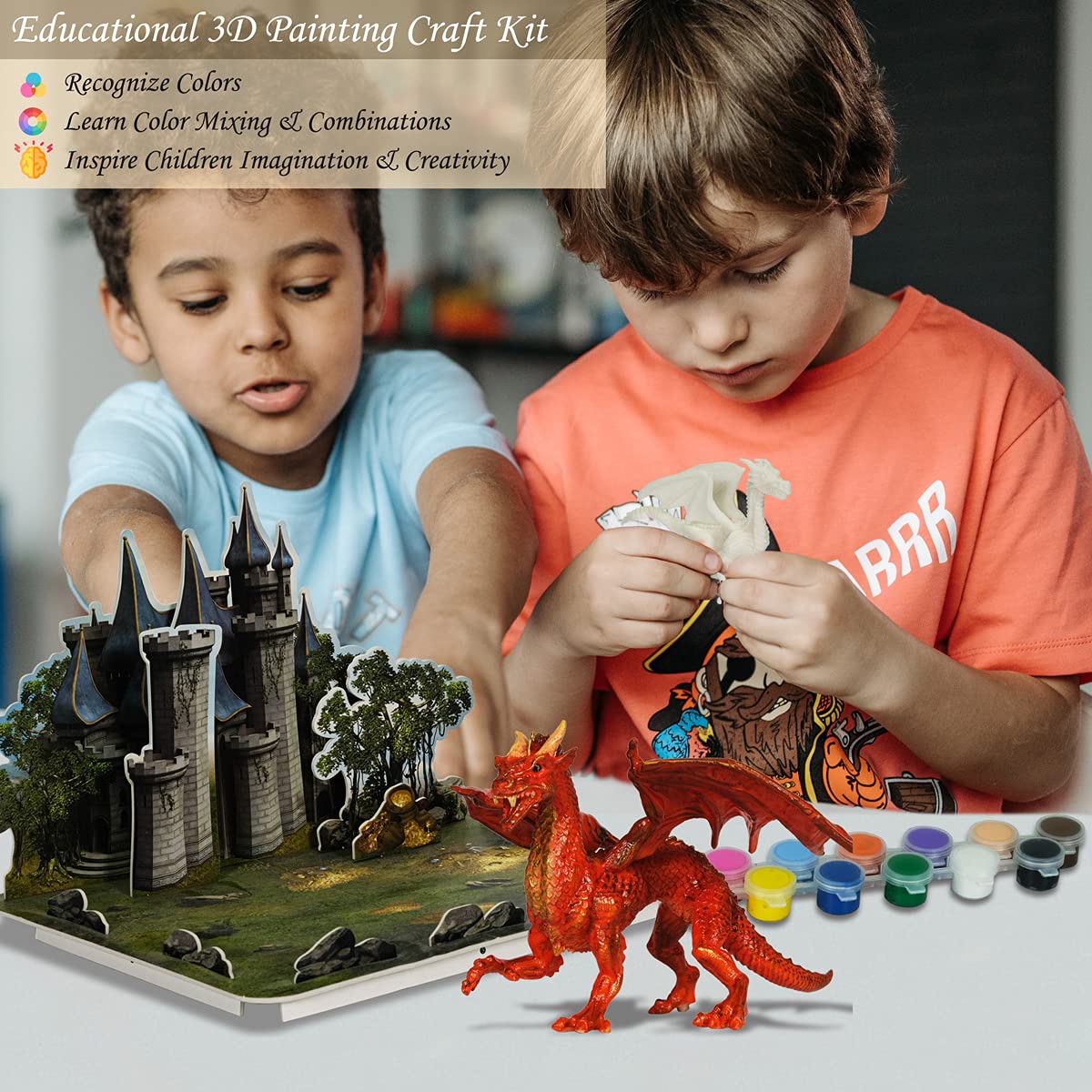 whatstem Kids Arts Crafts Set - Dragon Toys Painting Kit with 3 Dragons Figurines and 3D Jigsaw Puzzle Castle, Best Tween Paint Gift to Create Own Powerful Dragon whatstem