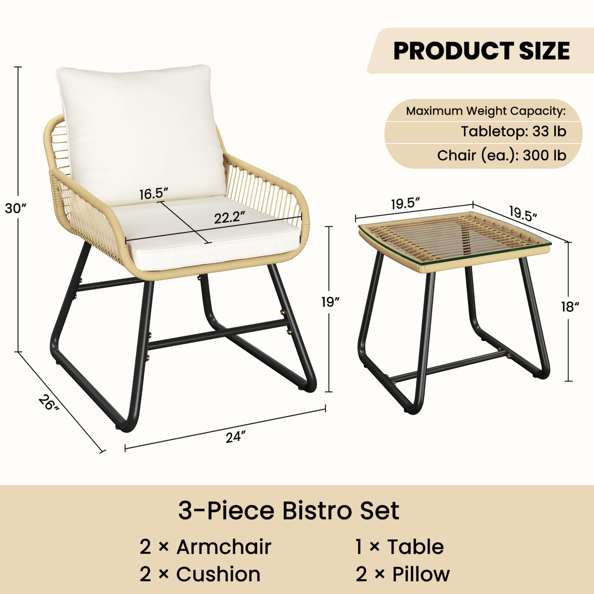 Yaheetech 3 Piece Patio Bistro Set Outdoor Wicker Bistro Furniture Sets, 2 Rattan Chairs and Glass Top Table for Patio, Balcony, Porch, Poolside, Backyard - Tan/Cream Yaheetech