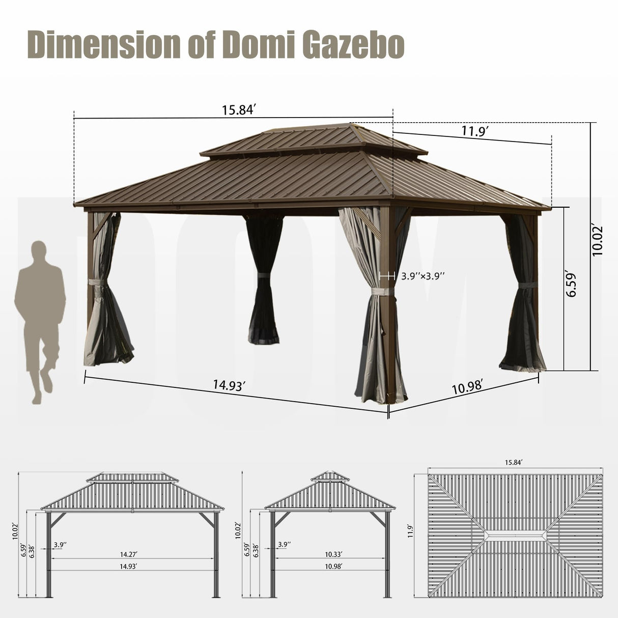 Domi 12'x16' Hardtop Gazebo Canopy Metal,Outdoor Aluminum Gazebo with Galvanized Steel Double Roof,Curtain and Netting,Permanent Gazebo Pavilion for Patio Deck,Backyard domi outdoor living