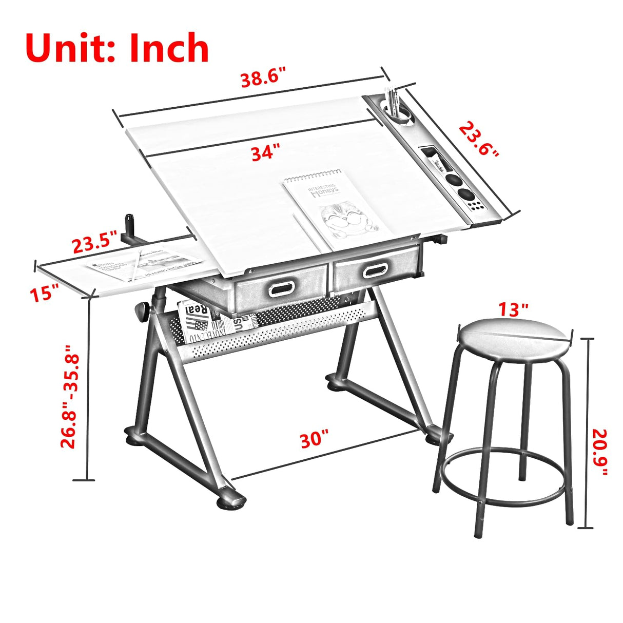 Roockky Adjustable Drafting Table, Multi-Functional Tilting Drawing Desk with Stool, Wood Painting Table Artist Desk for Home Office School, Brown-B Roockky