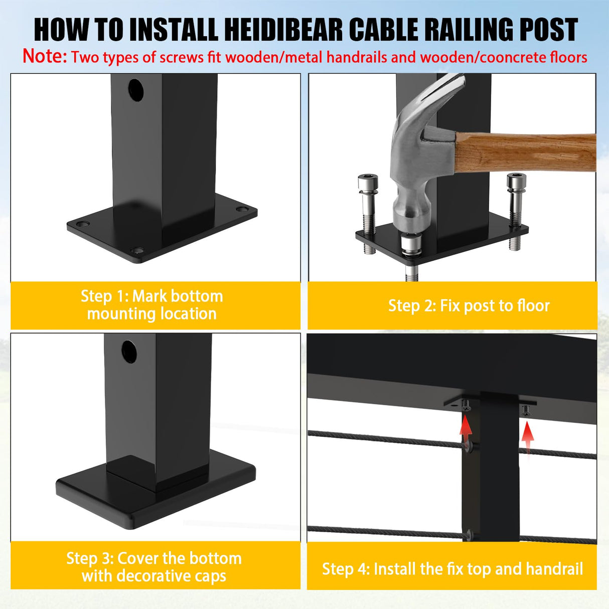 HEIDIBEAR Cable Railing Post, Flat Top Level Drilled Post Black Stainless Steel Deck Post 36’’x2’’x2’’-9Holes with Protector Sleeve Cable Railing System Wood Concrete Level Deck, PF01-L HEIDIBEAR