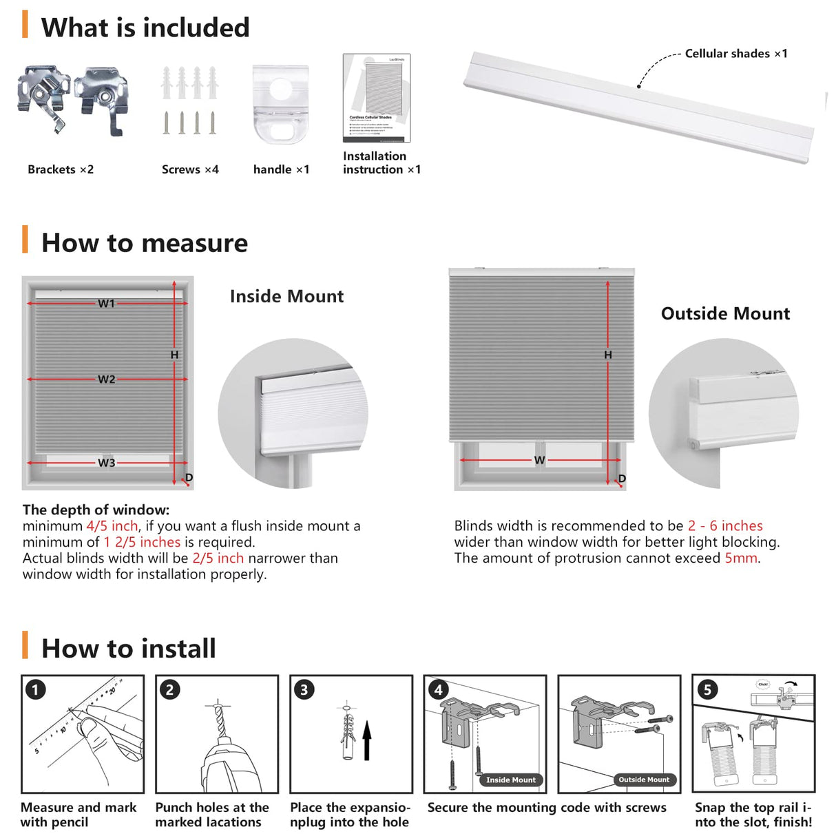 LazBlinds Cordless Cellular Shades, Blackout Privacy Honeycomb Shades for Home, Thermal Insulation Noise Reduction Blinds for Windows, 22'' W x 36'' H, White LazBlinds