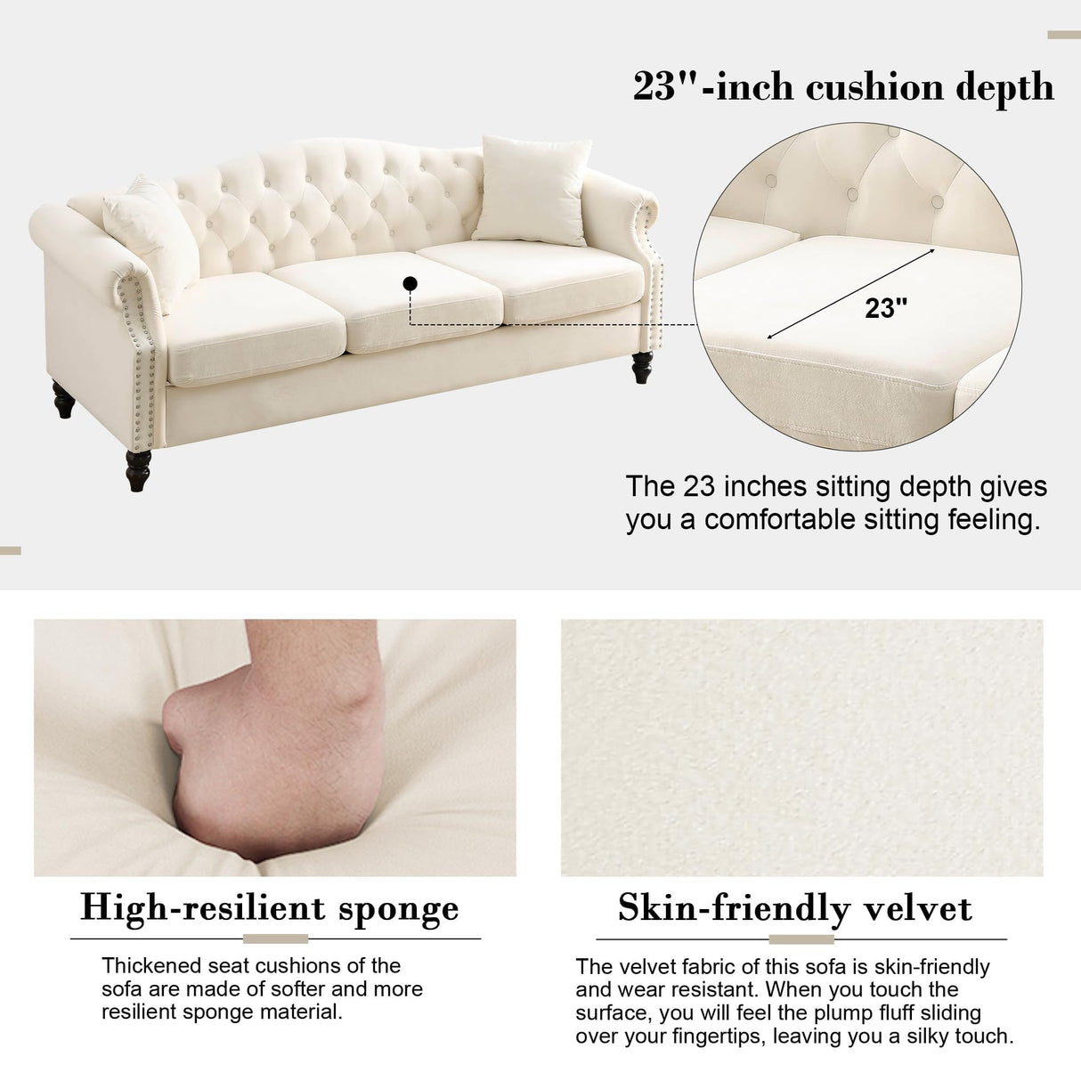 ATUMON 79" 2 Piece 3-Seater Velvet Chesterfield Sofa Couch for Living Room, Combination Sofa with 4 Pillows,Button Tufted Trimming Curved Backrest Rolled Arms with Black Legs, Beige ATUMON