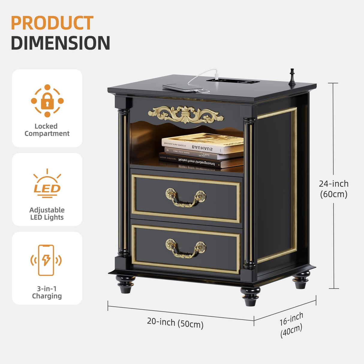 Gurexl Farmhouse Nightstand with Gun Drawer, 20" Vintage Bedside Table with LED Lights & Charging Station, Tall Rustic Wood Sofa Side End Table with 2 Drawers for Bedroom (Black) Gurexl