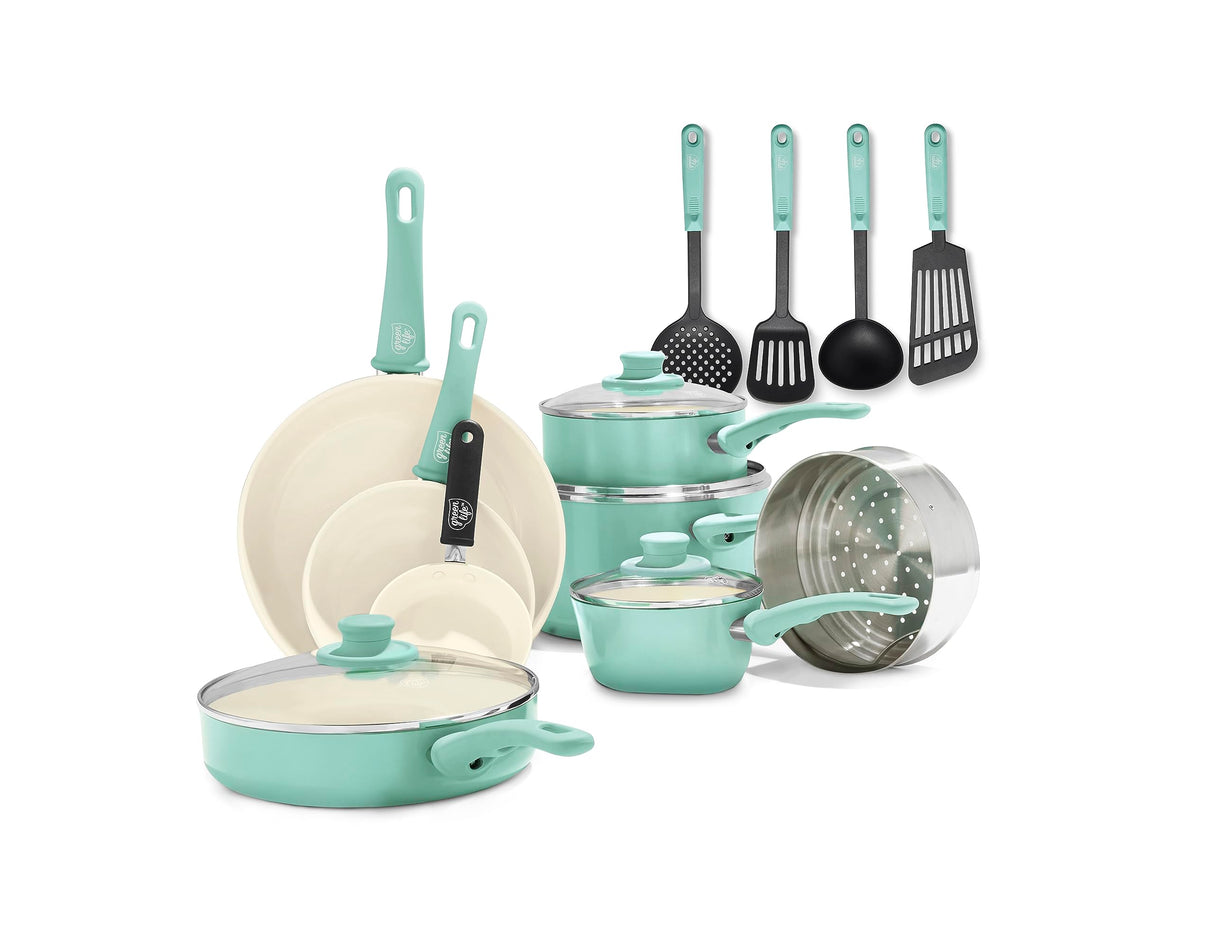 GreenLife Soft Grip 16 Piece Cookware Set, Non-Toxic PFAS-Free Ceramic Nonstick, Pots, Frying, Sauce, Saute, Glass Lids, Stay-Cool Handles, Wobble Free Bases, Dishwasher & Oven Safe, Turquoise GreenLife