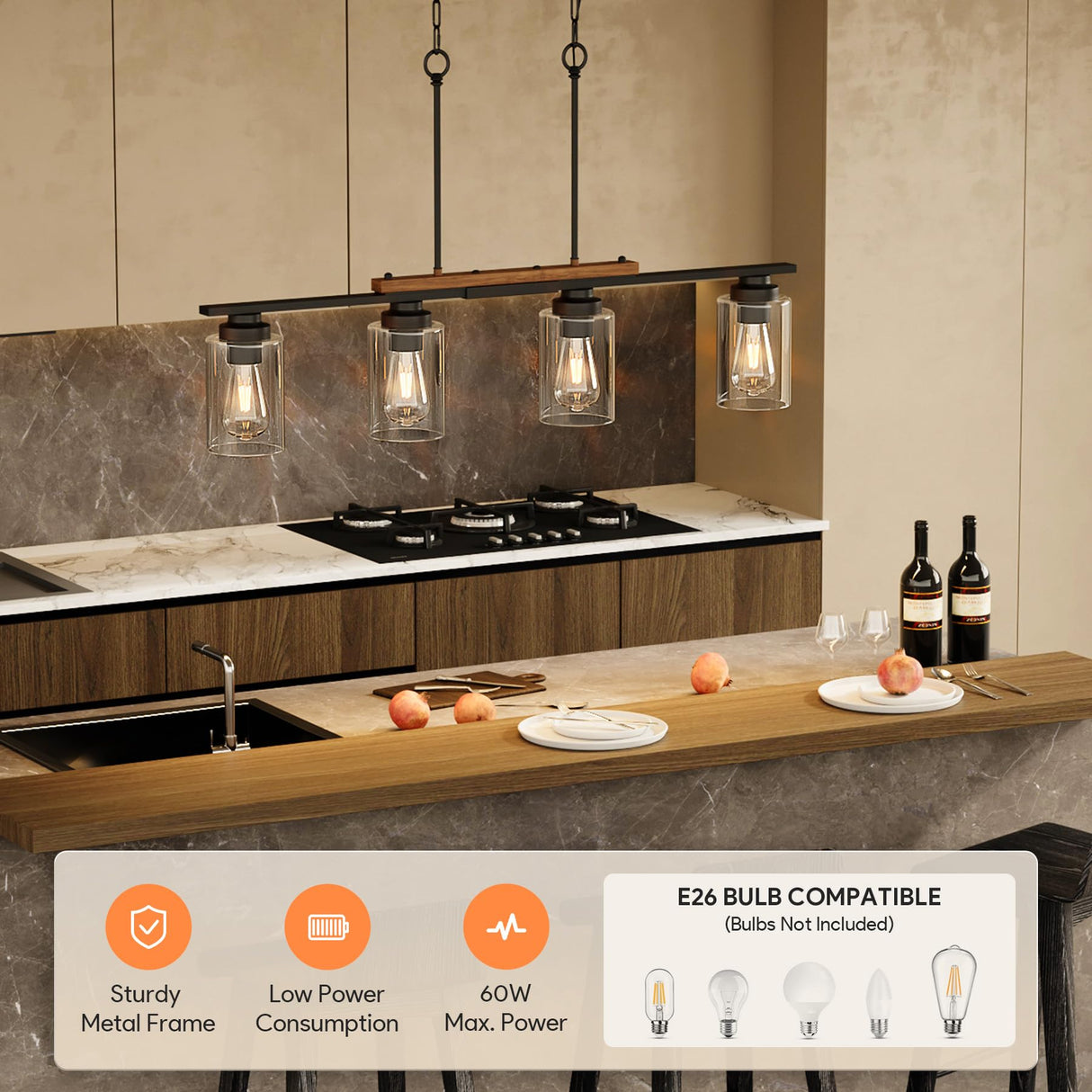 VONLUCE Dining Room Light Fixture Over Table, 4-Light Kitchen Island Lighting with Glass Shade and Adjustable Rods, Farmhouse Linear Chandelier Pendant Light for Kitchen Living Room, Matte Black VONLUCE