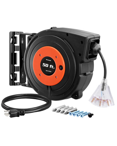 DEWENWILS Retractable Extension Cord Reel, 50 FT Heavy Duty Power Cord, 14AWG/3C SJTOW, 3 Grounded Outlets Lighted Triple Tap, 13 Amp Circuit Breaker, UL Listed