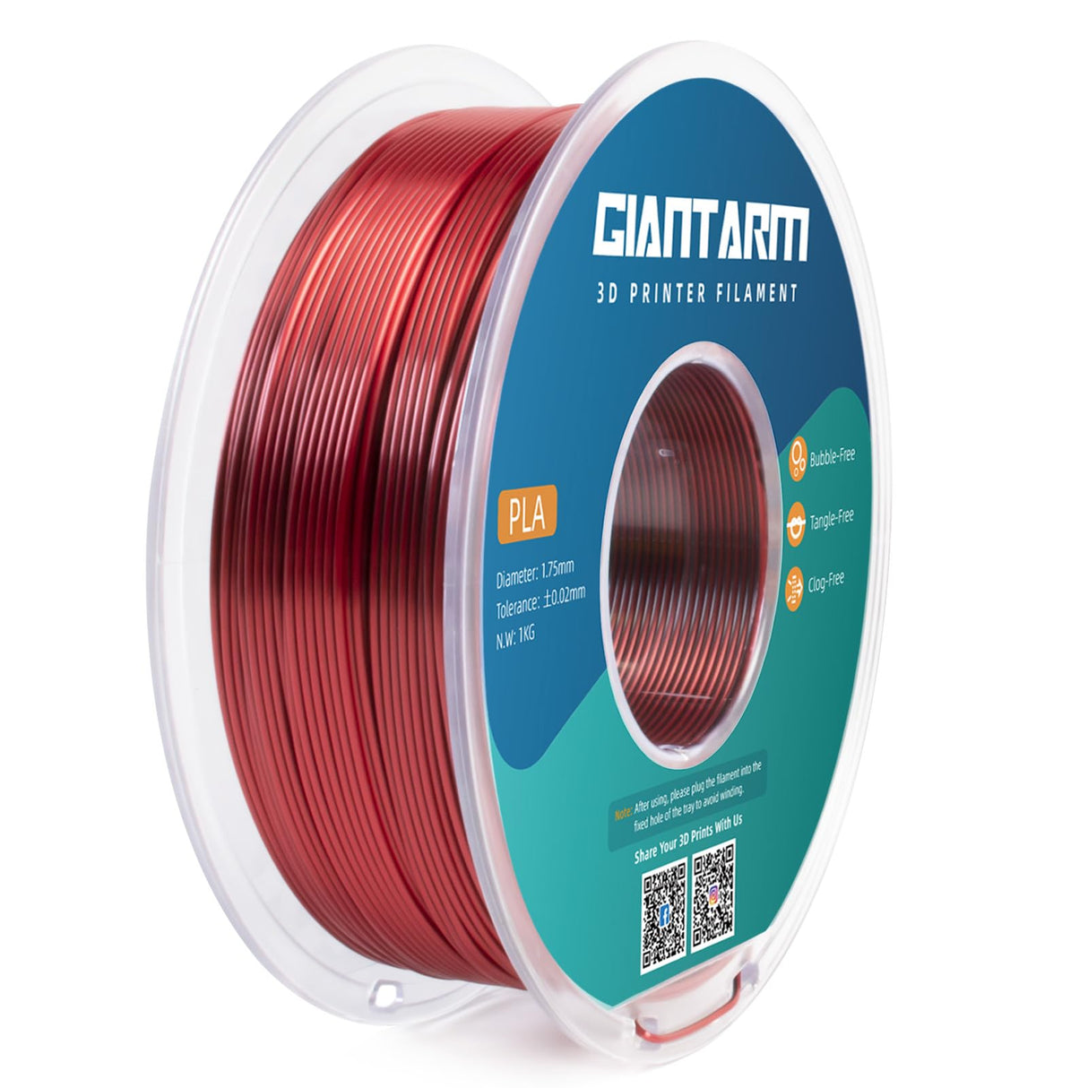 GIANTARM Dual Color PLA Filament, Silk PLA Filament 1.75mm +/-0.02mm,1KG Spool(2.2lbs) Vacuum Packaging, 3D Printing Filaments Fit Most FDM Printer GIANTARM
