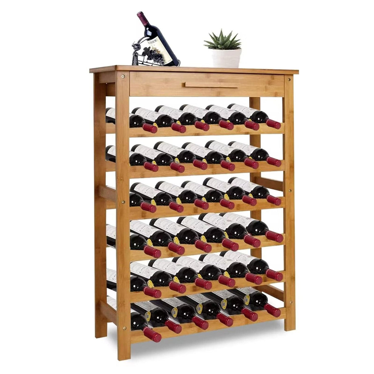 Kinsuite Bamboo Wine Rack Modular Wine Storage Holder Display Shelves for Storing Bottles at Home 36 Bottle Wine Rack Free Standing Floor 6 Shelves with Drawer Kinsuite