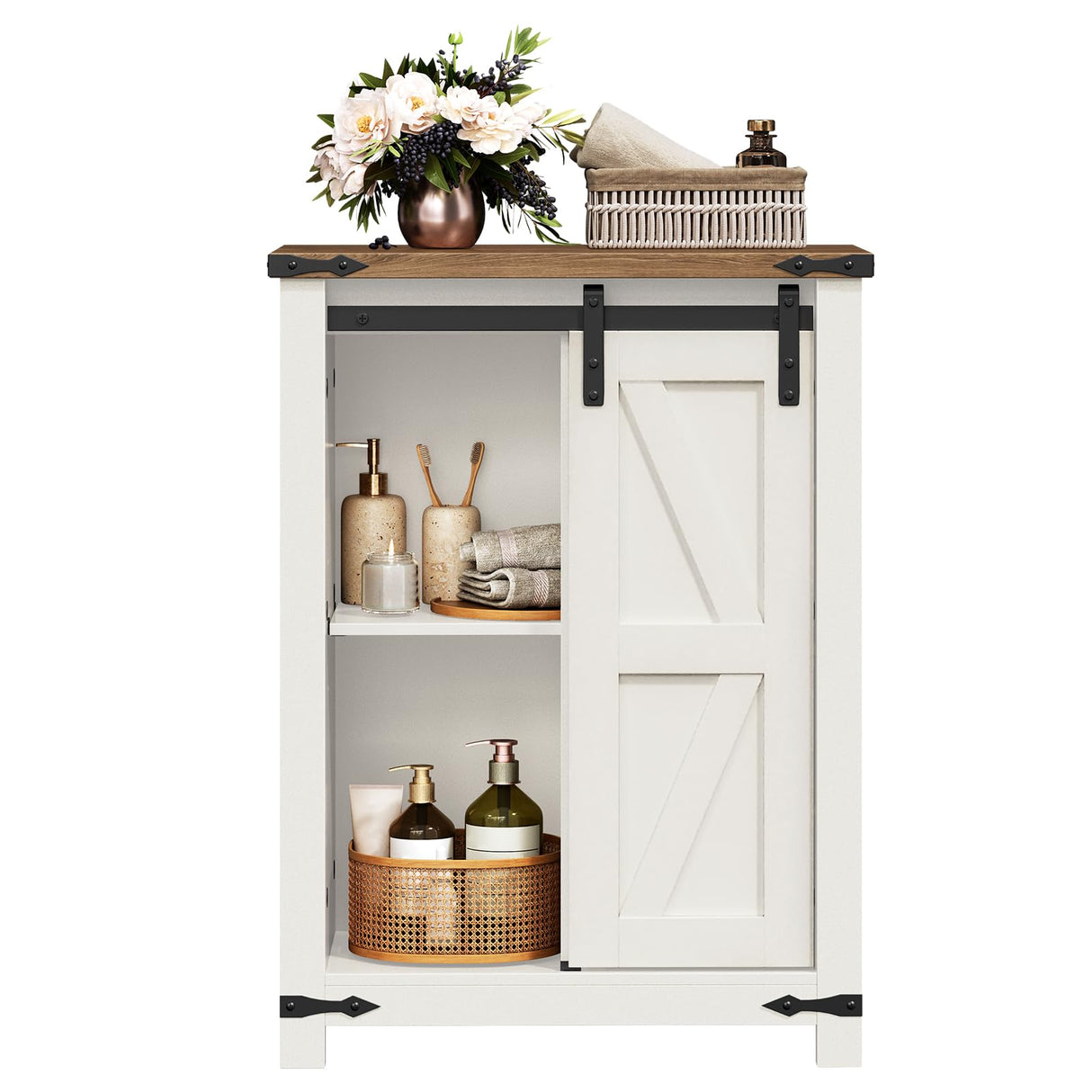 HOOBRO Bathroom Storage Cabinet, Farmhouse Kitchen Pantry Cabinet with Sliding Barn Door, Adjustable Shelf and 4 Drawers, Large Capacity, 11.8" D x 23.6" W x 31.9" H, Easy Assembly, White and Walnut HOOBRO