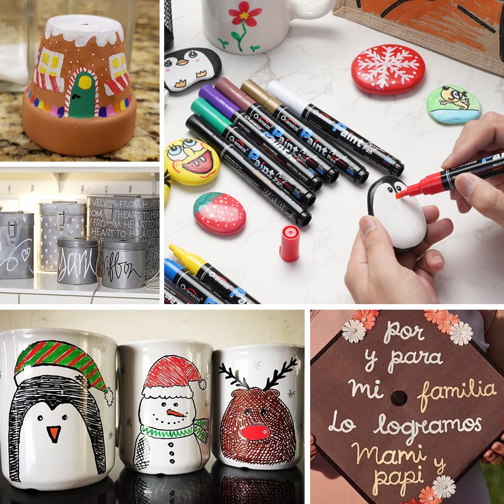 Overseas White Paint Pens Paint Markers - Permanent Acrylic Markers 12 Pack, Water-Based, Quick Dry, Waterproof Paint Marker Pen for Rock, Wood, Plastic, Metal, Canvas, Glass, Fabric, Mugs. Medium Tip Overseas
