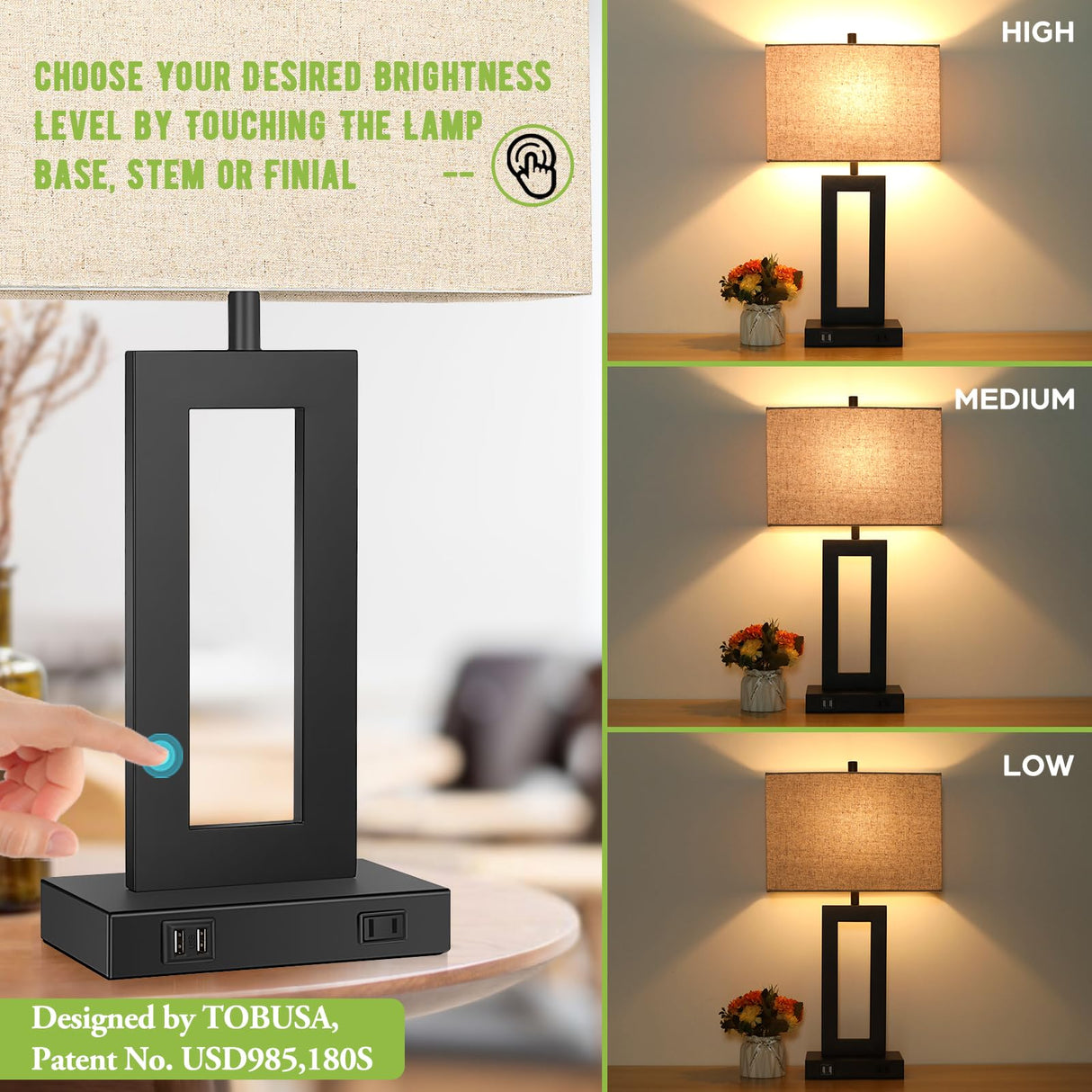 Set of 2 Touch Control Table Lamp with 2 USB Ports, 3-Way Dimmable Modern Nightstand Lamp Sets Bedside Touch Desk Lamp with Fabric Cream Shade For Bedroom Table Living Room Reading, Included Bulbs TOBUSA