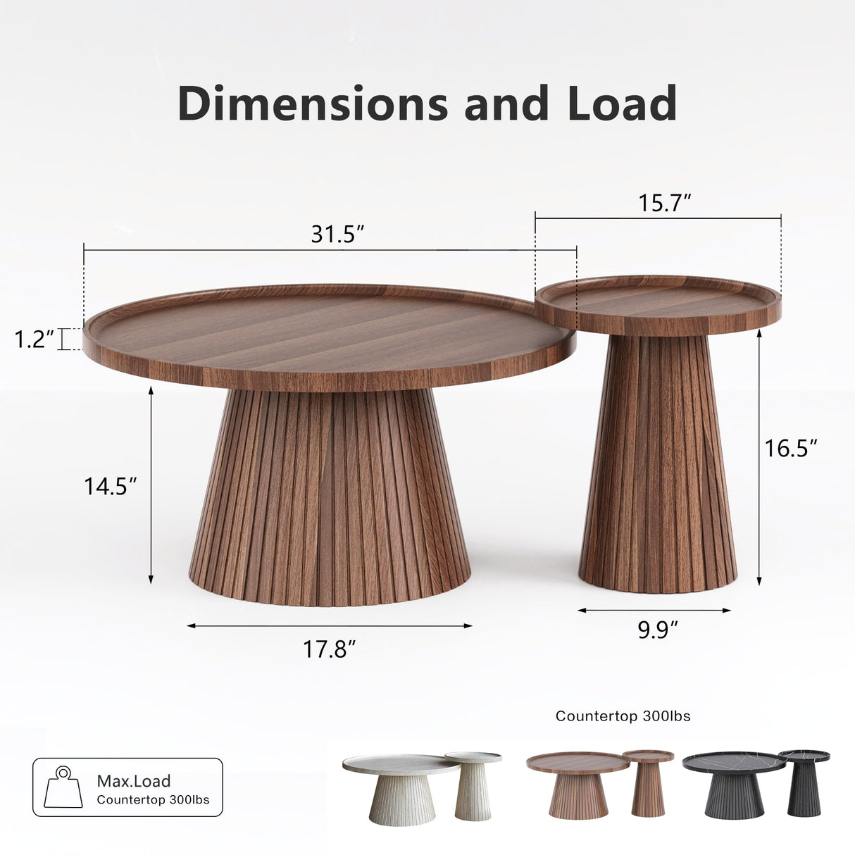win2win Nesting Coffee Table Set of 2, Mid Century Modern Coffee Table with Wood Grain Veneer, Fluted Round Tea Table and End Table Set, Minimalist Center Tables for Living Room, Office, Walnut win2win