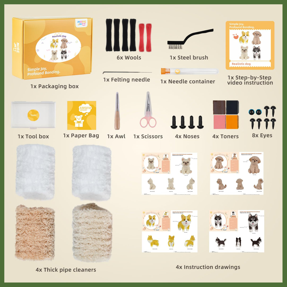 Pipe Cleaners Craft kit, A Pipe Cleaner kit Suitable for Beginners. It Includes a Kits for Making The Shapes of 4 Dogs and Comes with Simple and Easy-to-Understand Video tutorials. MOREJMTT