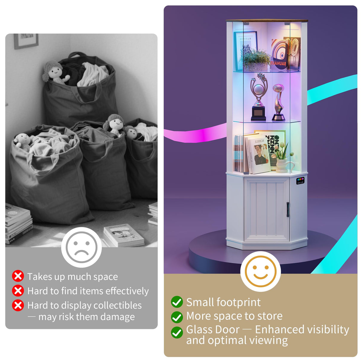 HNEBC 69" Tall Curio Display Cabinet with Glass Door and Movable Shelves,Corner Bookcase with LED Human Sensor Lights,5-Tier RGB Display Case for Collectibles,Bedroom Living Room HNEBC