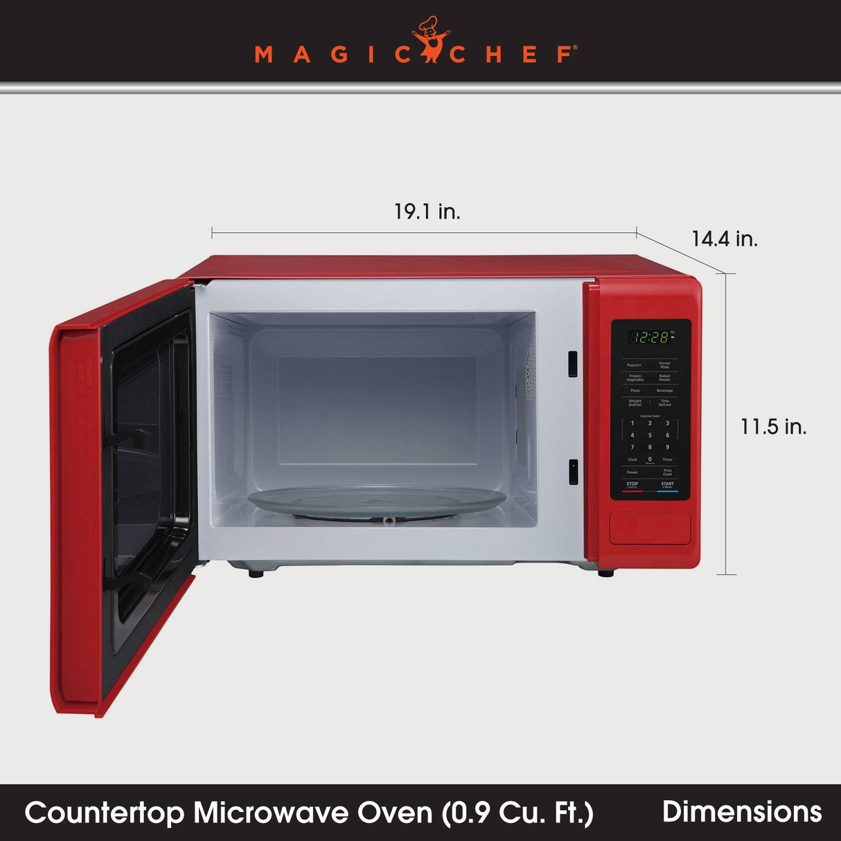 Magic Chef 0.9 Cubic Feet 900 Watt Small Stainless Countertop Microwave Oven for Compact Spaces w/ 6 Pre Programmed Cooking Modes, Red Magic Chef