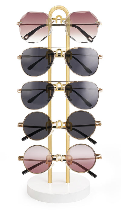 Mkono Sunglasses Organizer Glasses Holder Stand Sunglass Storage Eyeglasses Rack Metal Frame with Wood Base for 5 Pairs of Eyewear Display for Table Desk Countertop Dresser Bedroom, Set of 1, Gold