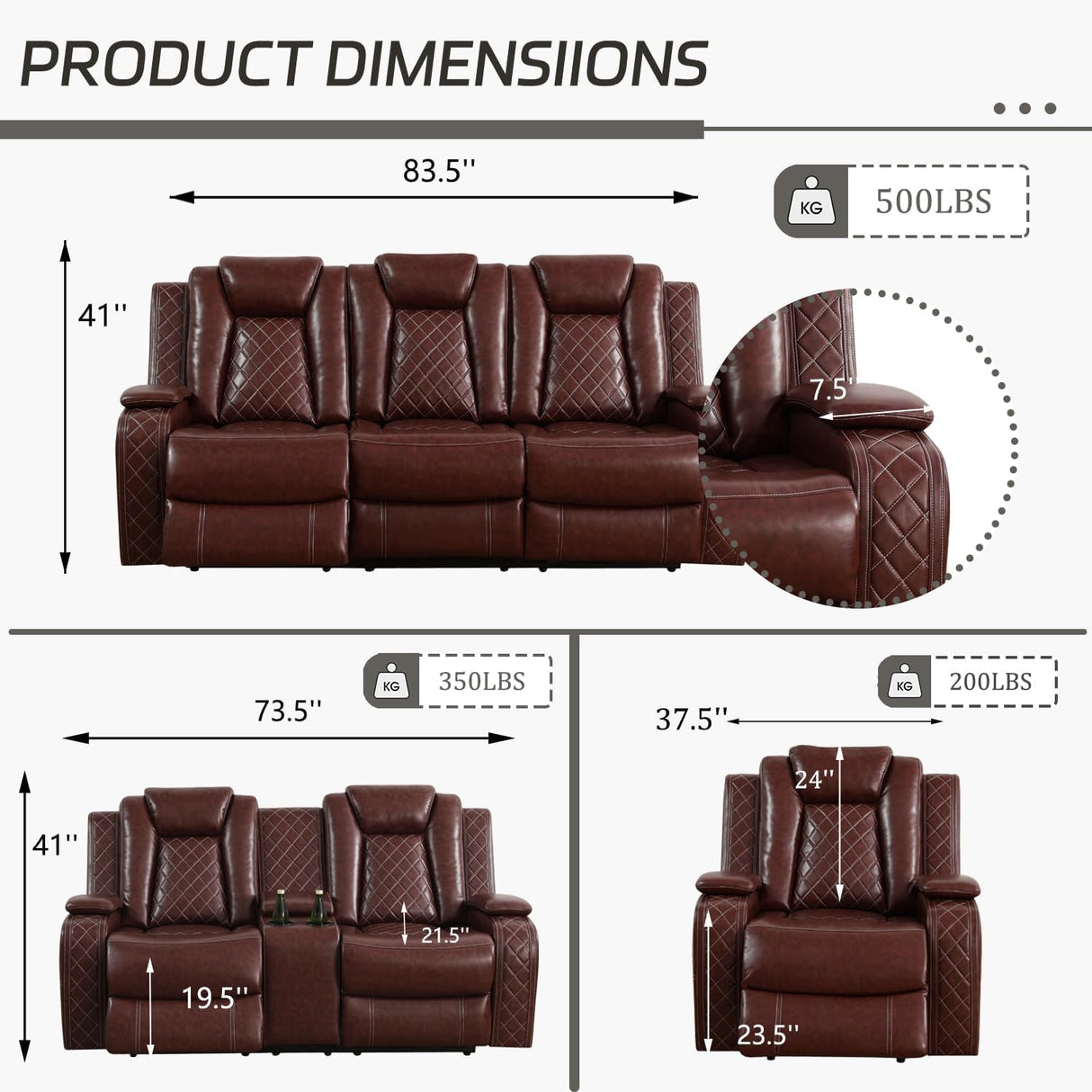 AYCP Furniture Power Recliner Set with LED Lights, Air Leather Reclining Set with USB Port/Wireless Charger/Storage Console/Cup Holder for House/HomeTheater/Apt (Burgundy, Sofa Loveseat Chair) AYCP Furniture