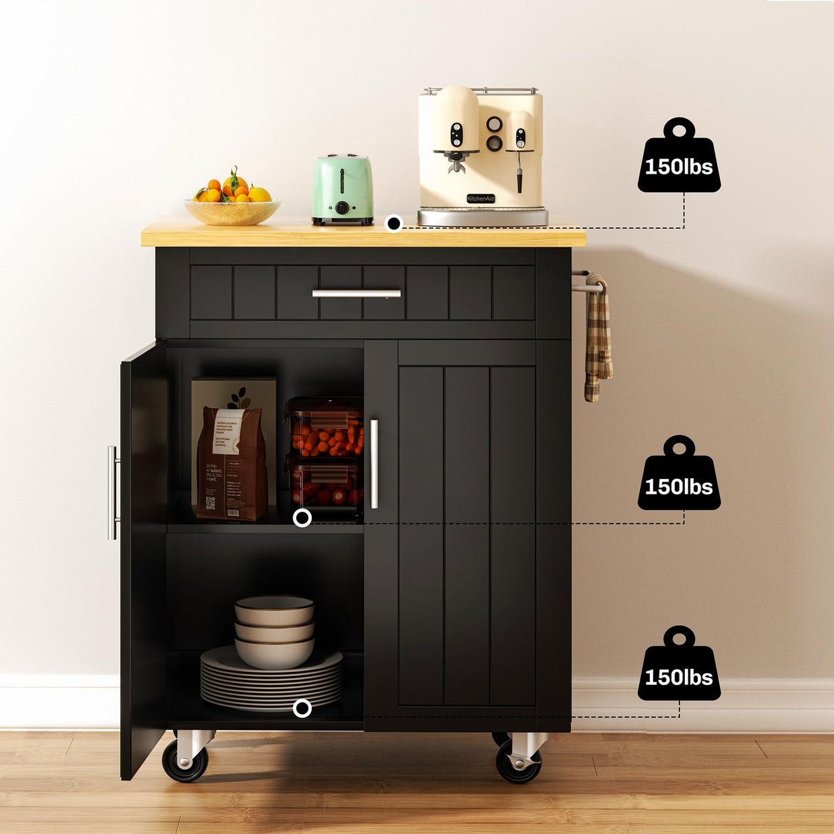 SUNLEI Kitchen Island on Wheels with Storage Cabinet & Drawer, 26" Width Rolling Kitchen Table, Cart Handle for Towel Rack or Free Mobility, Portable Islands for Kitchen, Dining Room(Black) SUNLEI