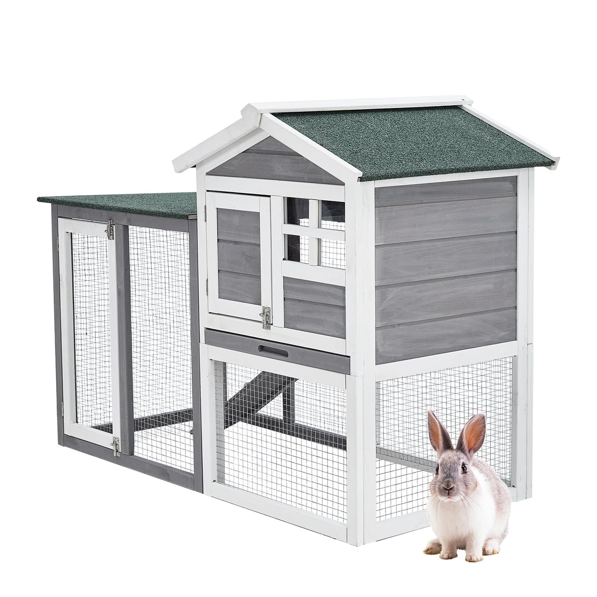 48" Wooden Rabbit Hutch Indoor Waterproof, Chicken Coop, 2 Lockable Doors Bunny Cage Indoor with Weather-Resistant Small House & Open Courtyard, Rabbit Cage Indoor with Wire Fence and Cleaning Tray TROPOW